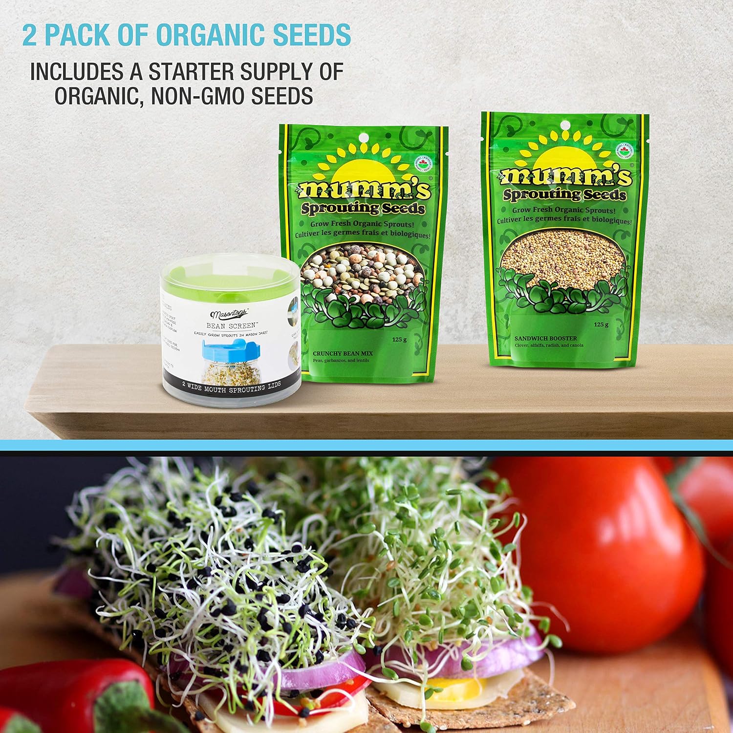Masontops Bean Screen Sprouts Growing Kit - Sprouting Lids & Sprout Mixes Microgreens Growing Kit - Sprouting Kit Wide