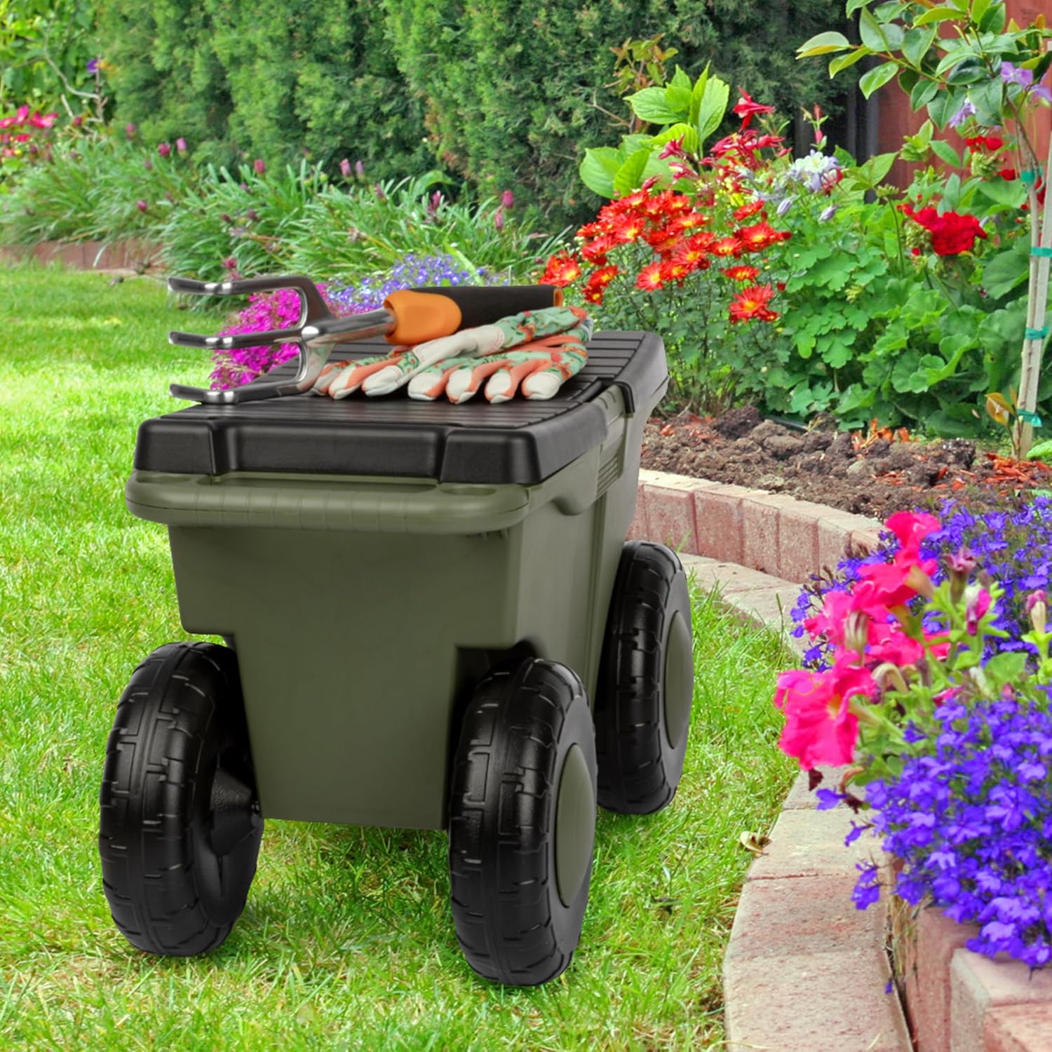 Pure Garden Rolling Garden Cart with Seat, Green | Plastic Garden Bench with Interior Tool Tray for Storage - Gardening