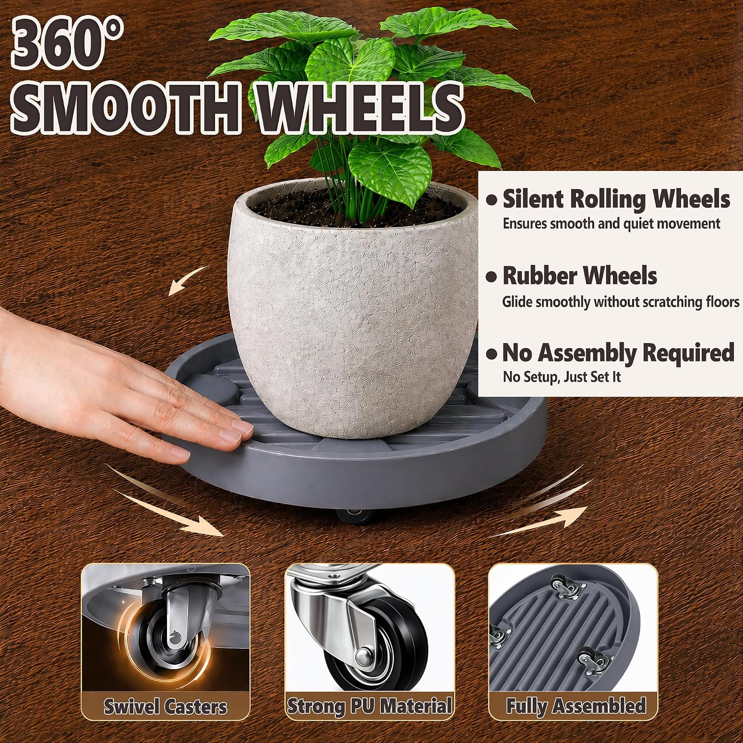 12Inch Plant Caddy with Hidden Wheels for Large Pots | 2Pack Plant Stands with Wheels, Heavy Duty Rolling Plant Base