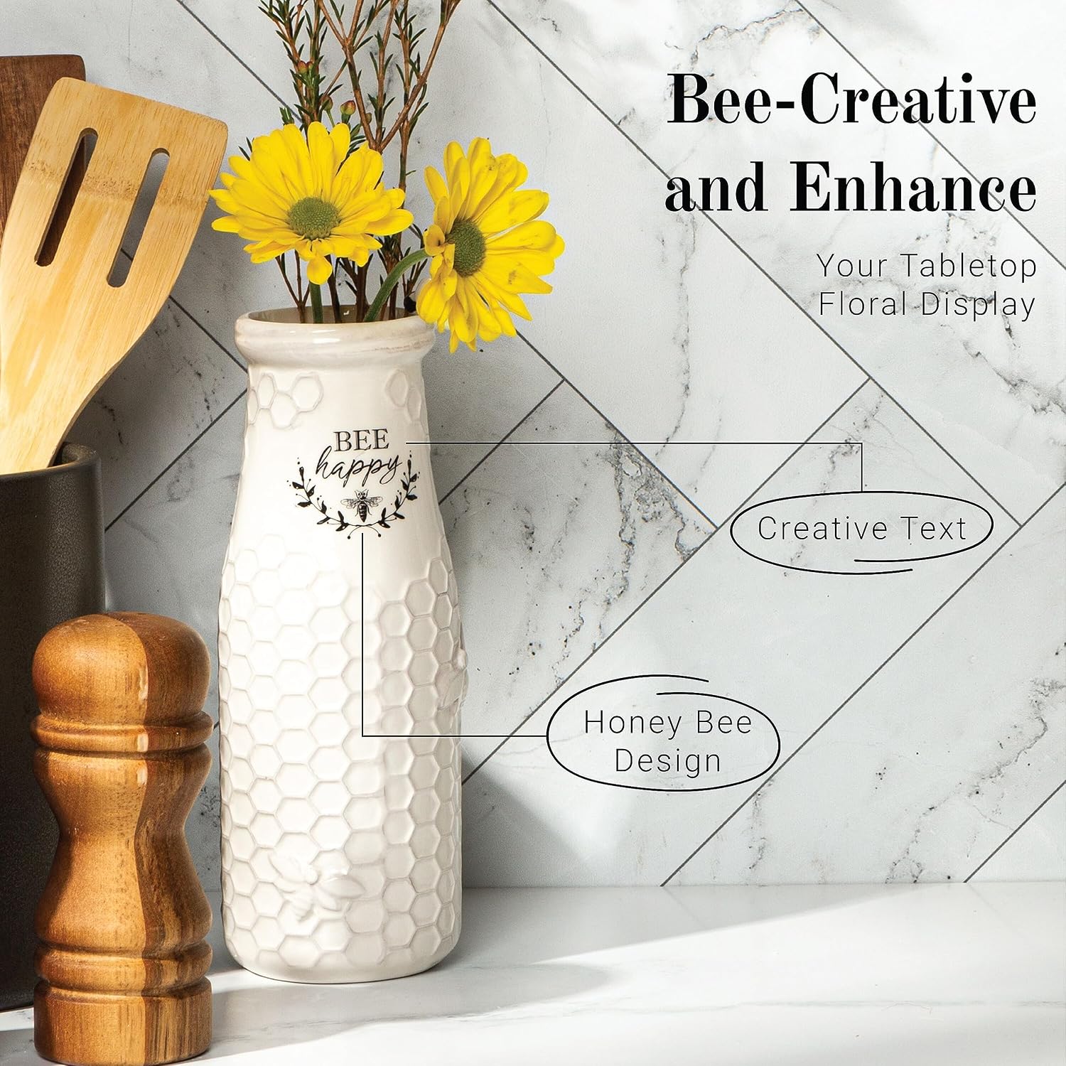Young's Inc Ceramic Bee Flower Vase, Rustic Farmhouse Honey Bee Vase for Fresh & Faux Flowers, Bee Happy Floral