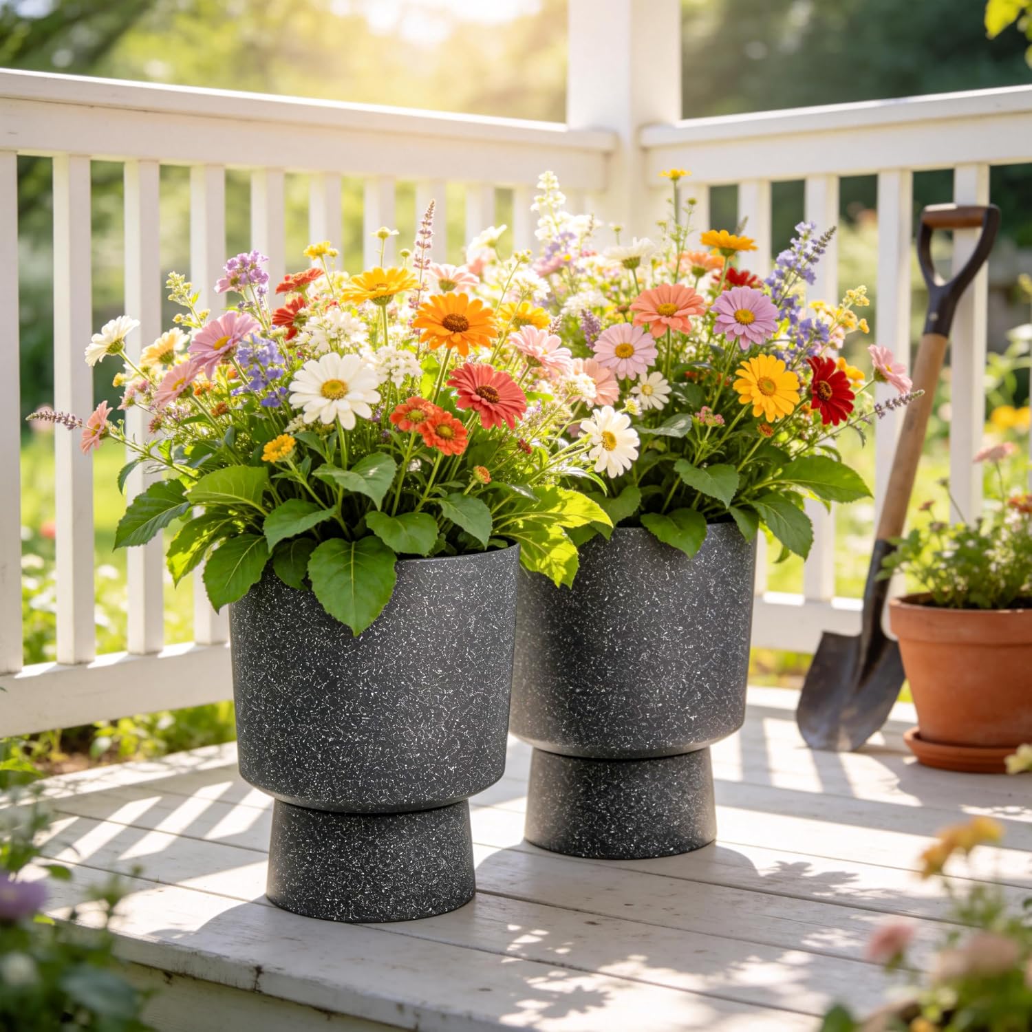 16.8" Pedestal Planters for Outdoor Plants, Large Urn Flower pots S/2 | Durable Plastic Large Outdoor Planters with