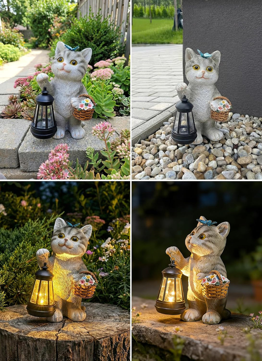Brightown Solar Cat Garden Decor Statue with Solar Lantern Light, Hand-Painted Resin, IP65 Waterproof Outdoor Decor for