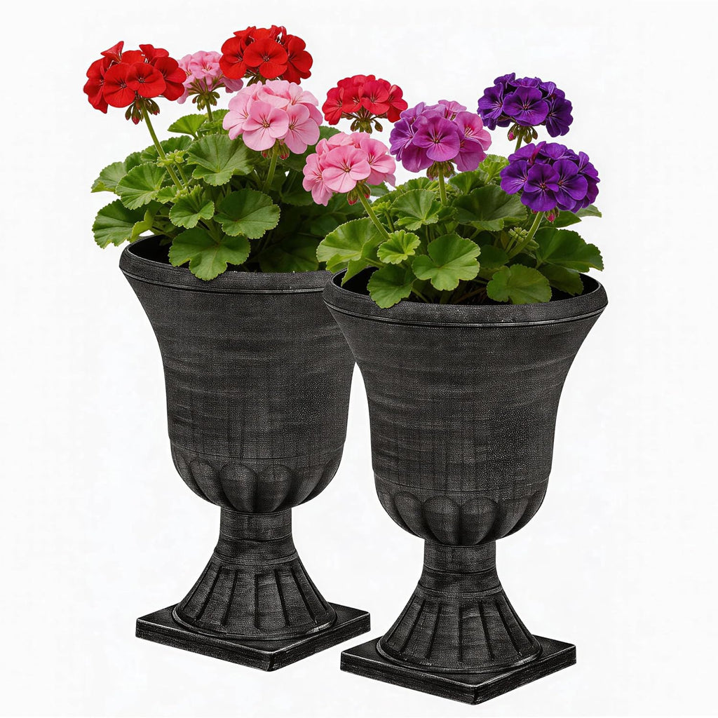 Autodaya 22" Tall Urn Planters for Outdoor Plants Set of 2 Large Flower Pot | 3D Textured Washed Black Pedestal Outdoor