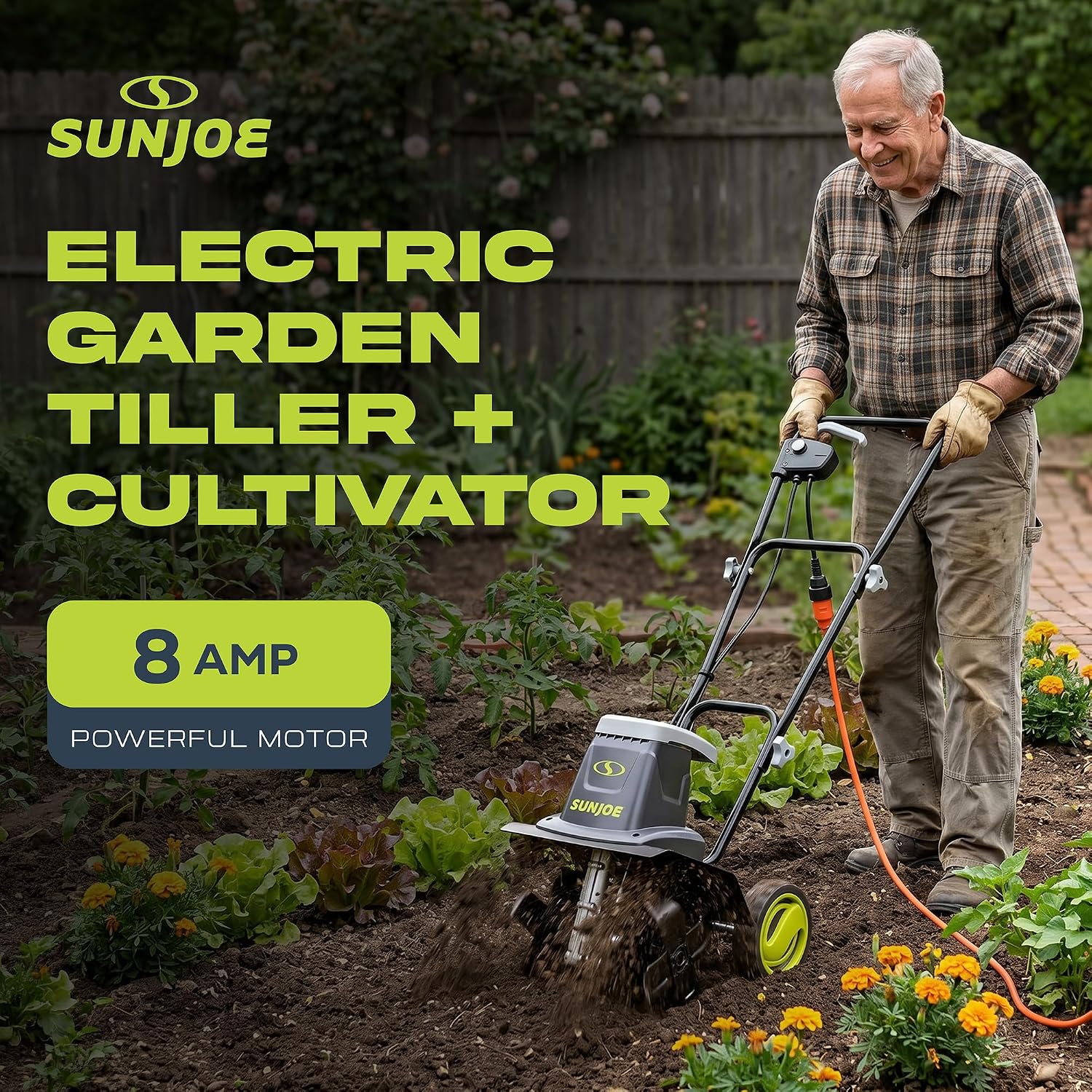 Sun Joe Electric Garden Tiller and Cultivator with 3 Position Height Adjustment Maximum 12-inch Cultivating Width and 8