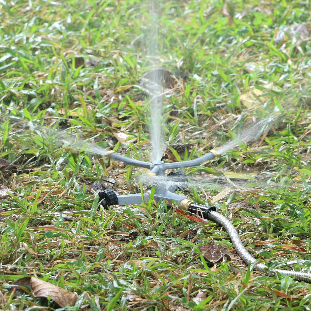 STYDDI Metal Rotating Water Sprinkler for Lawn, Heavy Duty Metal 3-Arms Whirling 360 Degree Automatic Rotary Sprinkler