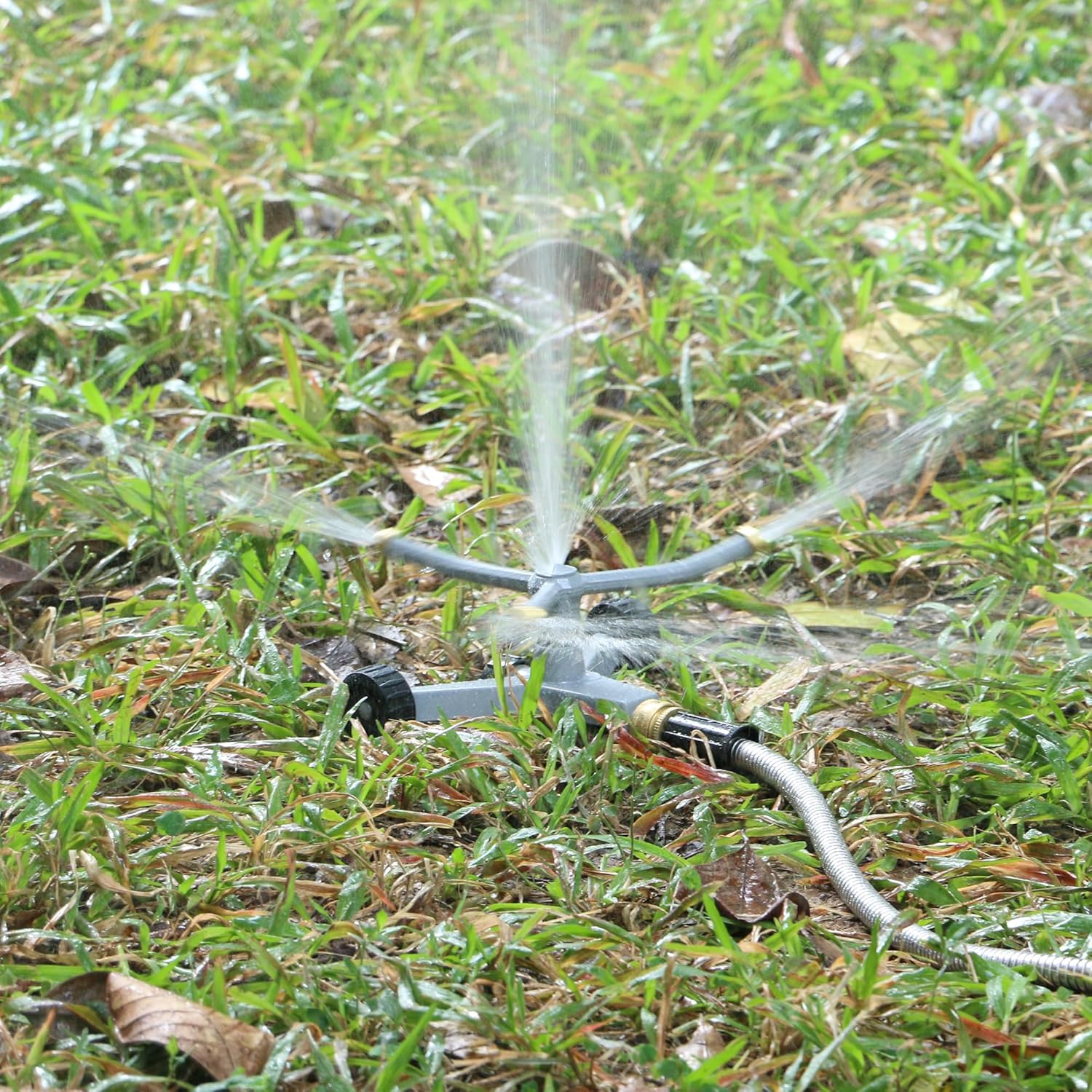 STYDDI Metal Rotating Water Sprinkler for Lawn, Heavy Duty Metal 3-Arms Whirling 360 Degree Automatic Rotary Sprinkler