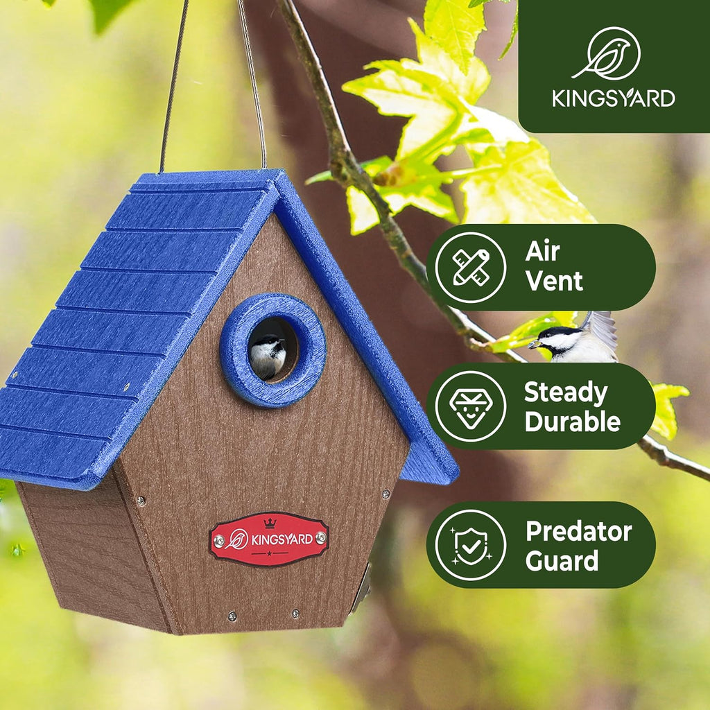 Kingsyard Recycled Plastic Bird House for Outdoors - Hanging Nesting Box with Predator Guard & Air Vents for Wren Finch