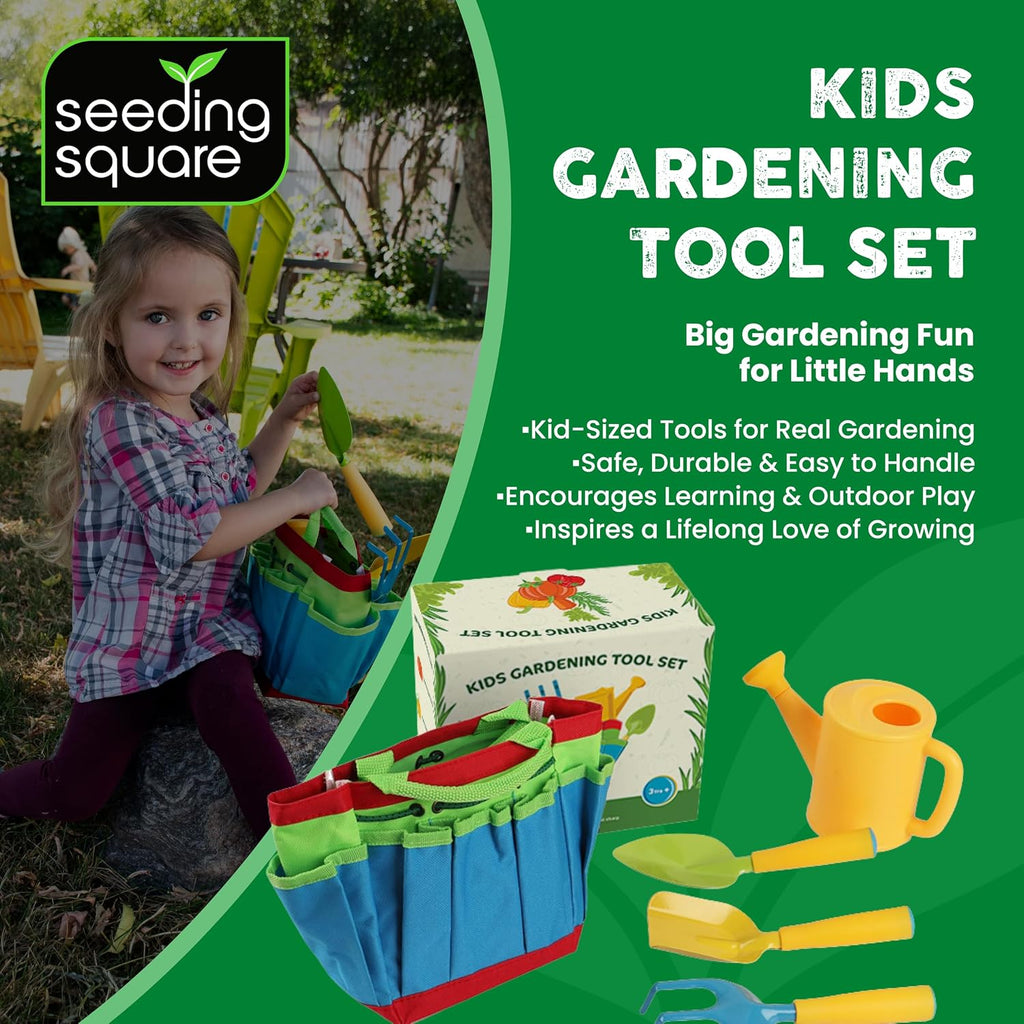 Kids Garden Tool Set with Trowel, Shovel, Rake, Watering Can & Tote Bag Kit | Ages 3+ | Child-Safe Design | Durable