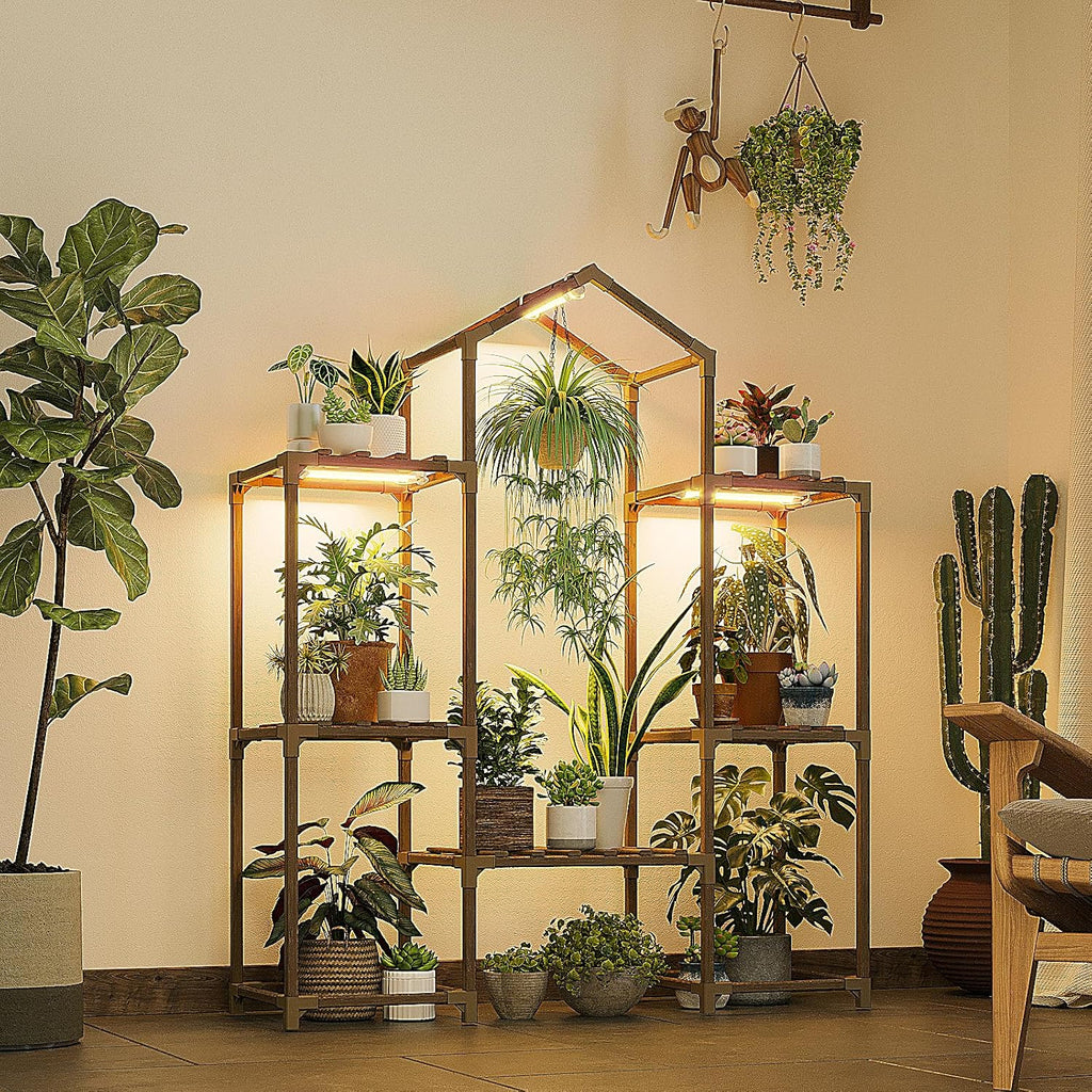 Bamworld Plant Stand Indoor with Grow Lights Wood Plant Shelf for Hanging Planter Pots Display Flower Stand for Living