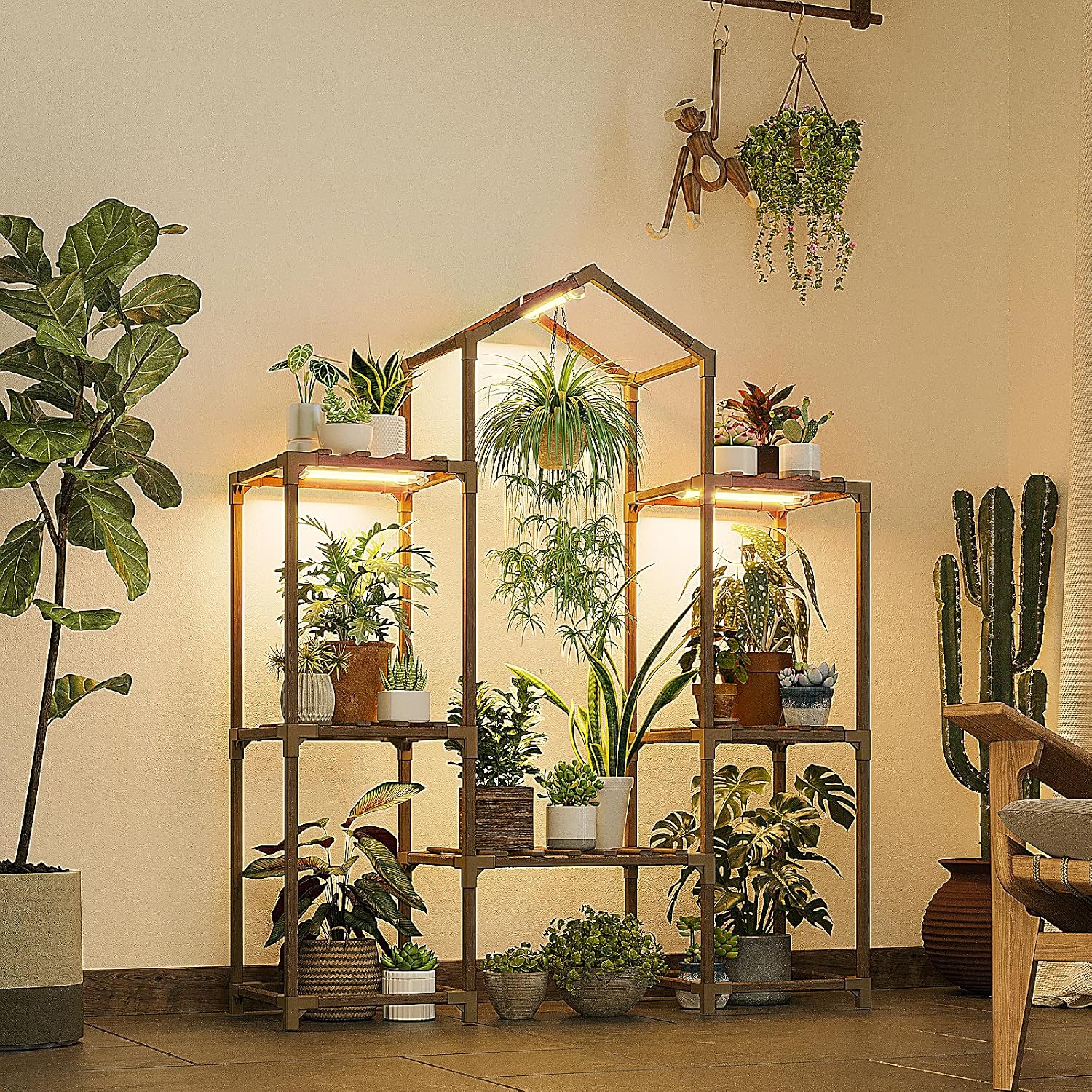 Bamworld Plant Stand Indoor with Grow Lights Wood Plant Shelf for Hanging Planter Pots Display Flower Stand for Living