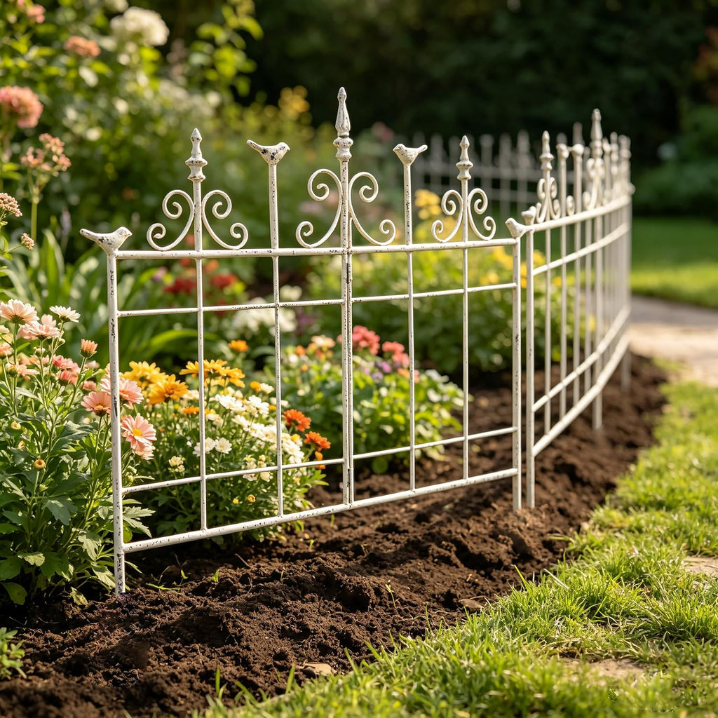 Vintage Distressed White Metal Garden Fence Panels, 25.6" W x 23.2" H Rustic Cast Iron Picket Fence, Outdoor Landscape