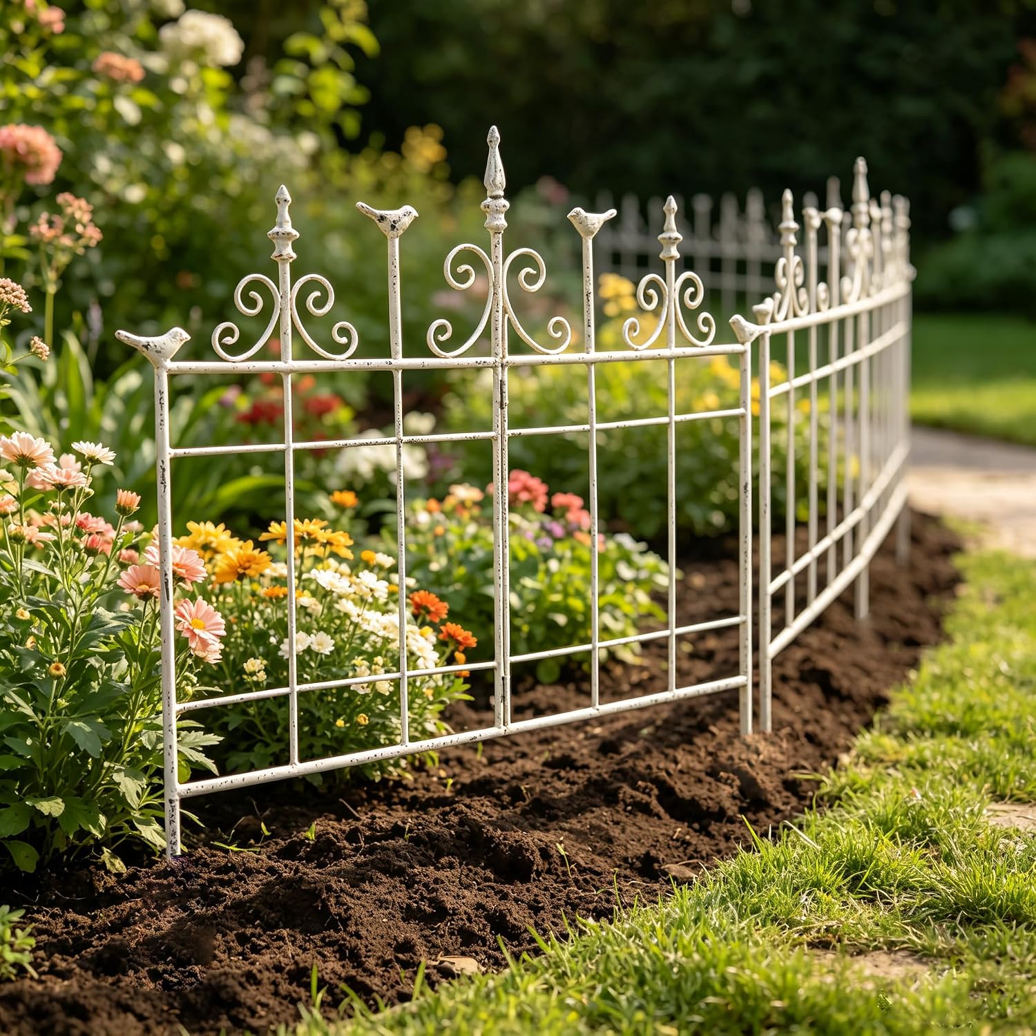 Vintage Distressed White Metal Garden Fence Panels, 25.6" W x 23.2" H Rustic Cast Iron Picket Fence, Outdoor Landscape