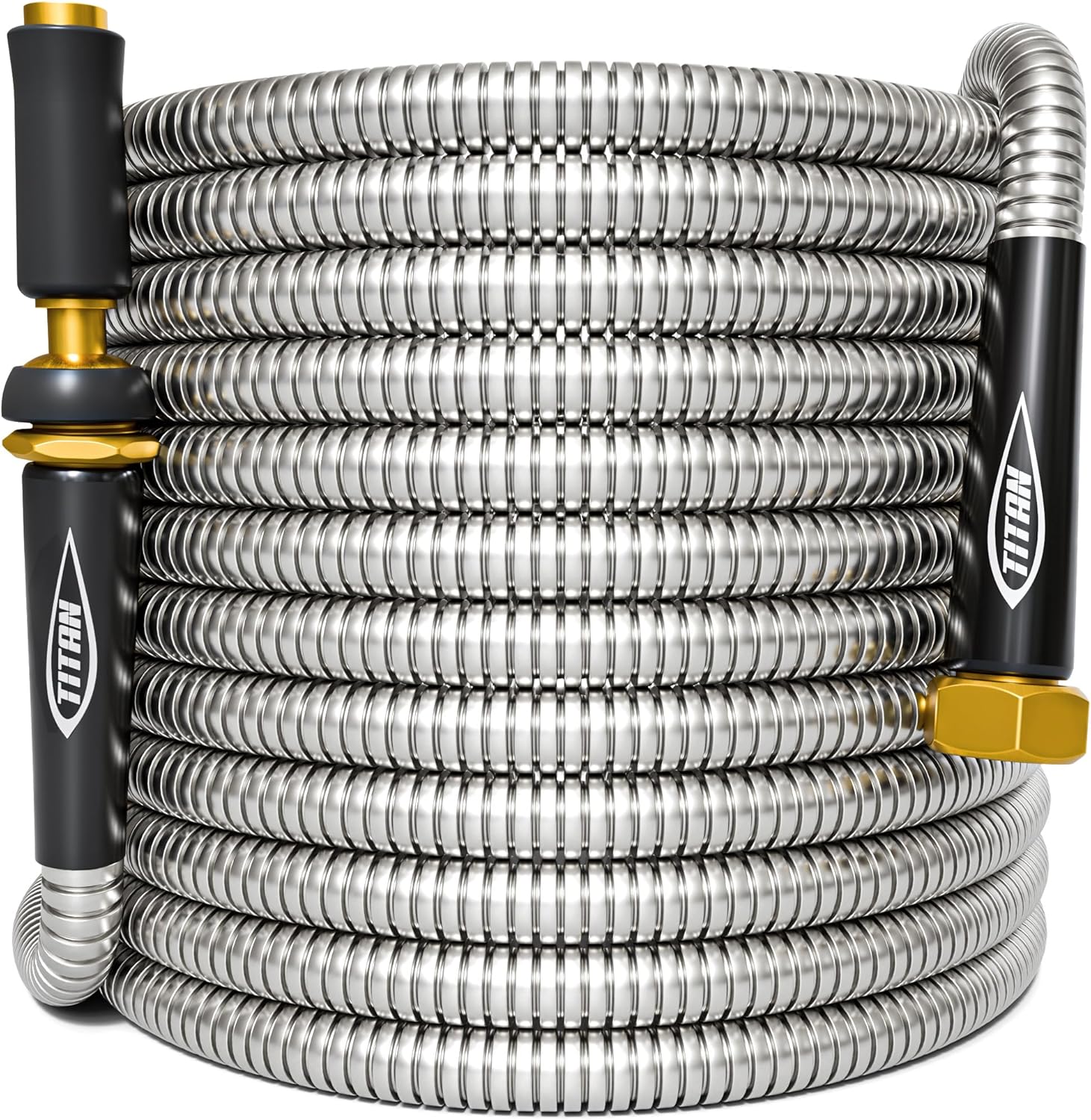 TITAN Garden Hose 50FT - 304 Stainless Steel Metal Water Hose, Flexible, Kink-Free, Lightweight, Durable, Crush