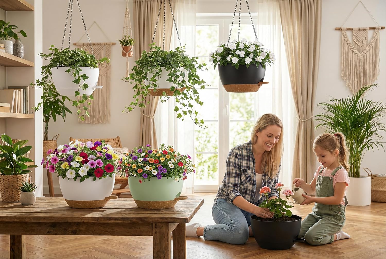 Hanging Planters, 3-Pack 10 Inch Self-Watering Pots with Drainage Holes and Chains, Matte Plastic Planters for