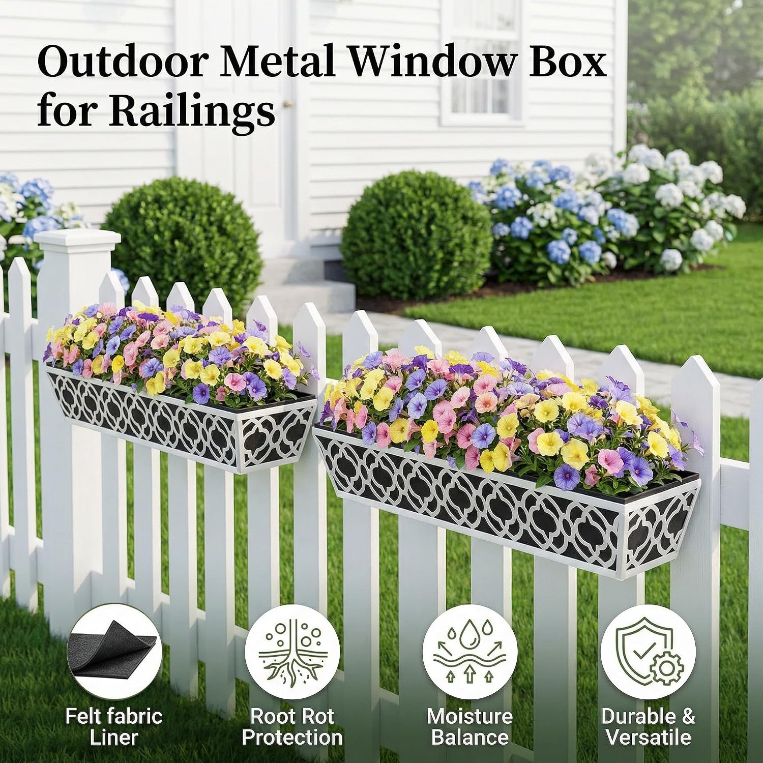 HFHOME 2 Pack 30 Inch Railing Planter Boxes with Adjustable Brackets & Non-Woven Fabric Liner Adjustable Gray Metal