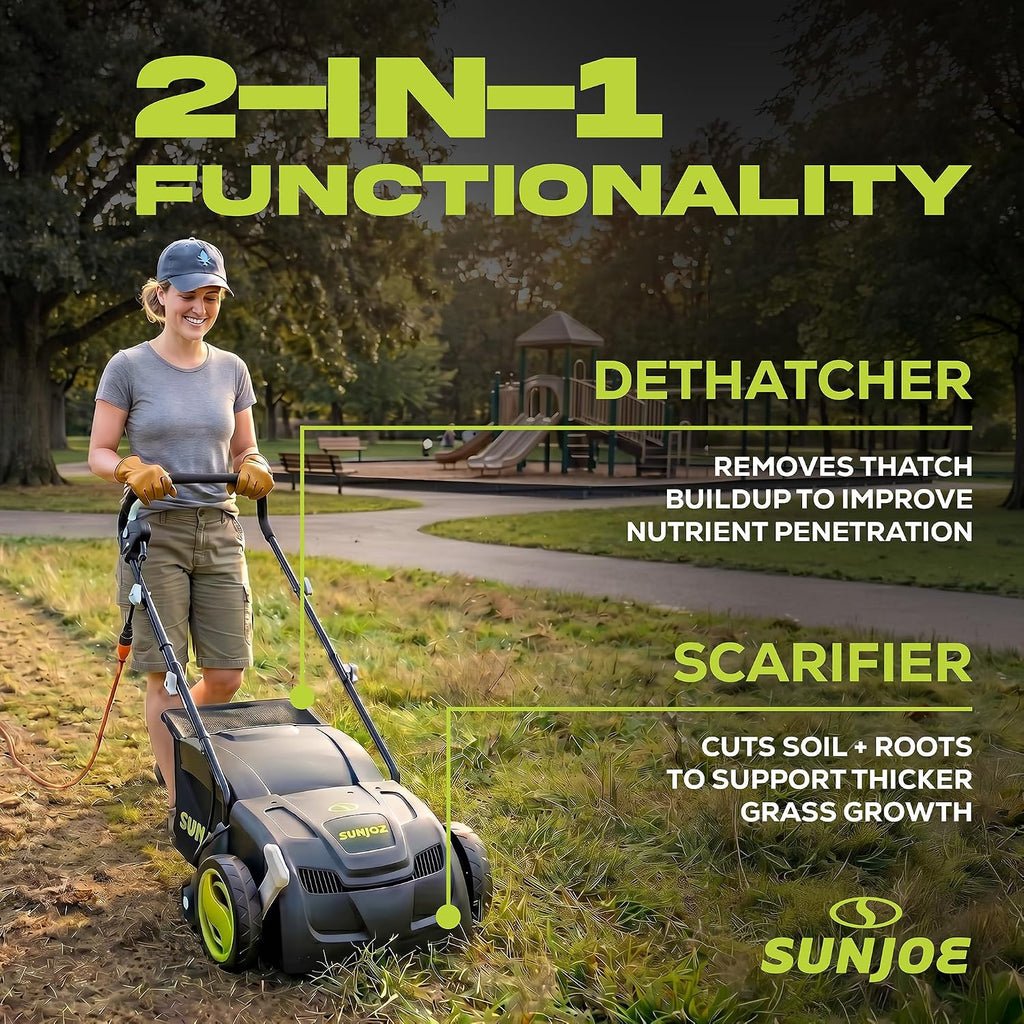 Sun Joe Electric Dethatcher & Scarifier, Corded, with 8-Gal Bag, 12.6-Inch Cutting Width, 12-Amp Motor - Heavy-Duty