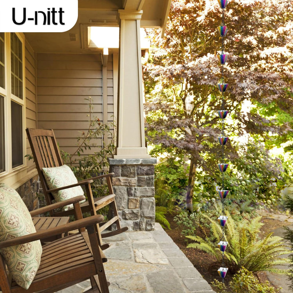 U-nitt Rain Chain Water Collection for Gutters Rainwater Catcher & Diverter, 8.5 FT Chains for Outside Garden, Rainbow