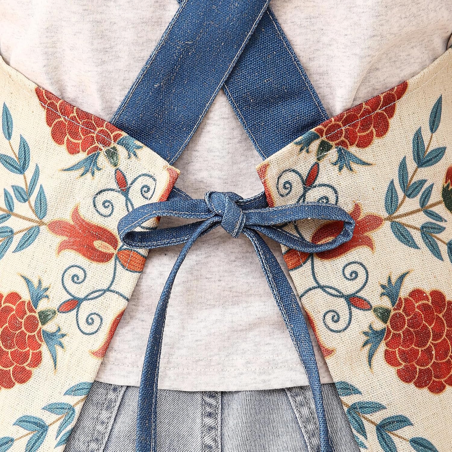 patdrea Blue Floral Linen Apron with Pocket,French Kitchen Garden Chef BBQ Aprons for Women and Men,Crisscross Back