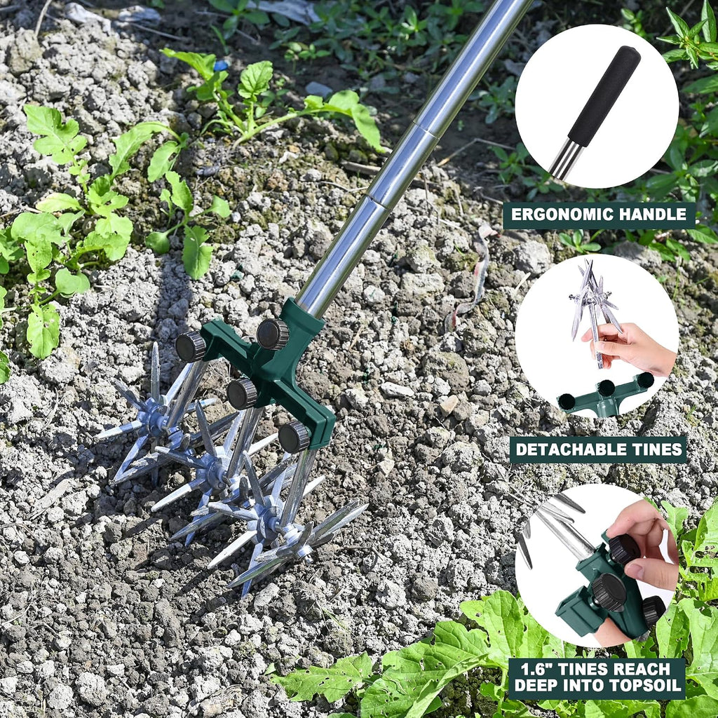 BARAYSTUS Rotary Cultivator Garden Rotary Tiller Adjustable Stainless Steel Poles Hand Tiller for Soil Mixing or