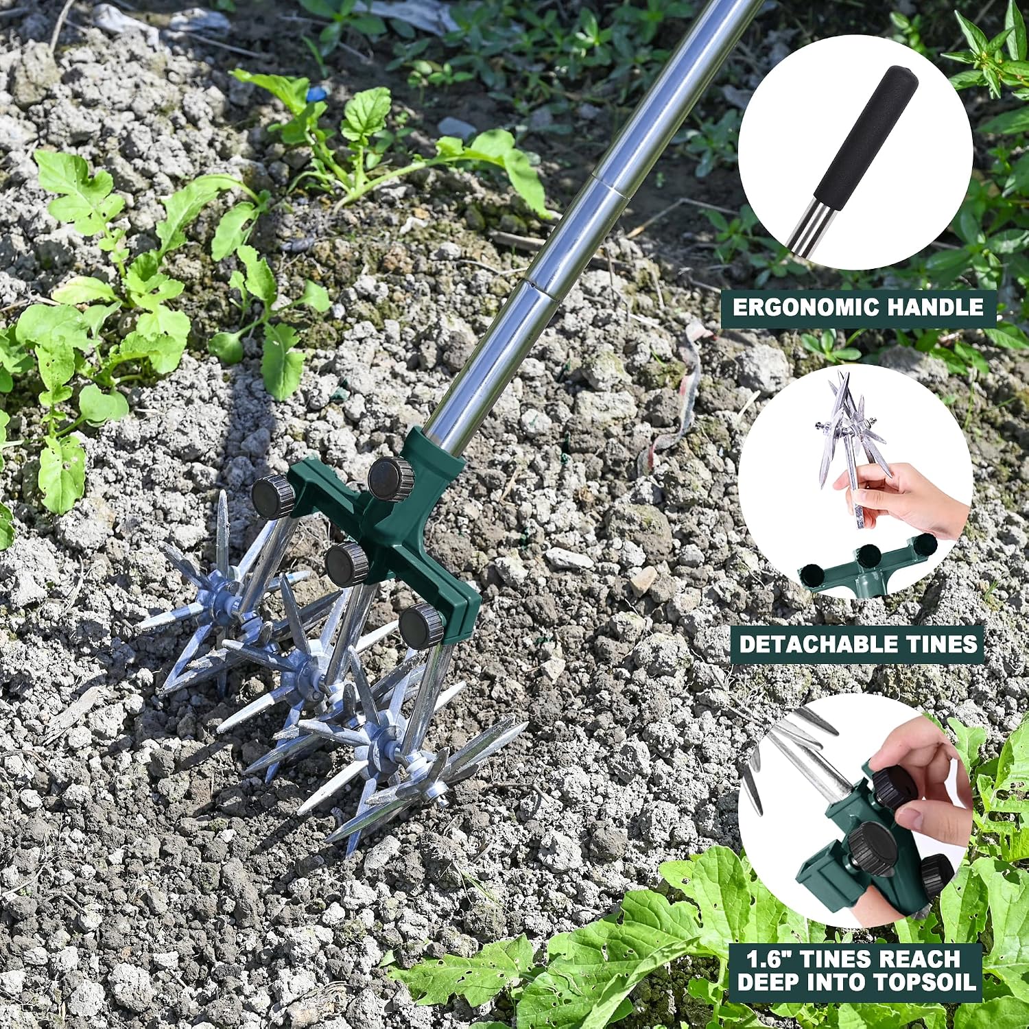 BARAYSTUS Rotary Cultivator Garden Rotary Tiller Adjustable Stainless Steel Poles Hand Tiller for Soil Mixing or