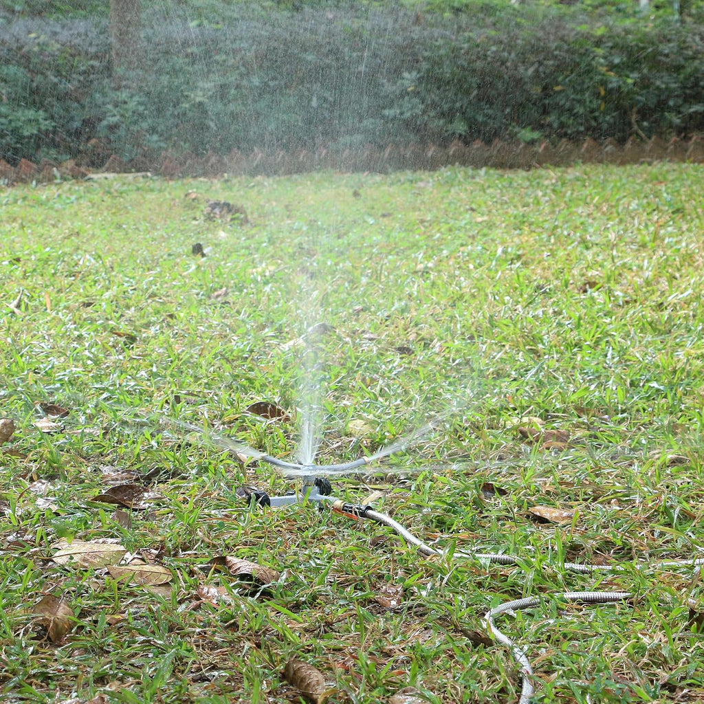 STYDDI Metal Rotating Water Sprinkler for Lawn, Heavy Duty Metal 3-Arms Whirling 360 Degree Automatic Rotary Sprinkler