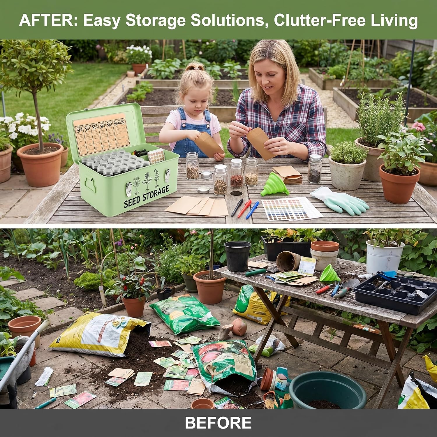 Metal Seed Storage Box Organizer with 3 Compartments, Safety Lock Lid Bin Seed Bottles Envelopes, Plant Labels