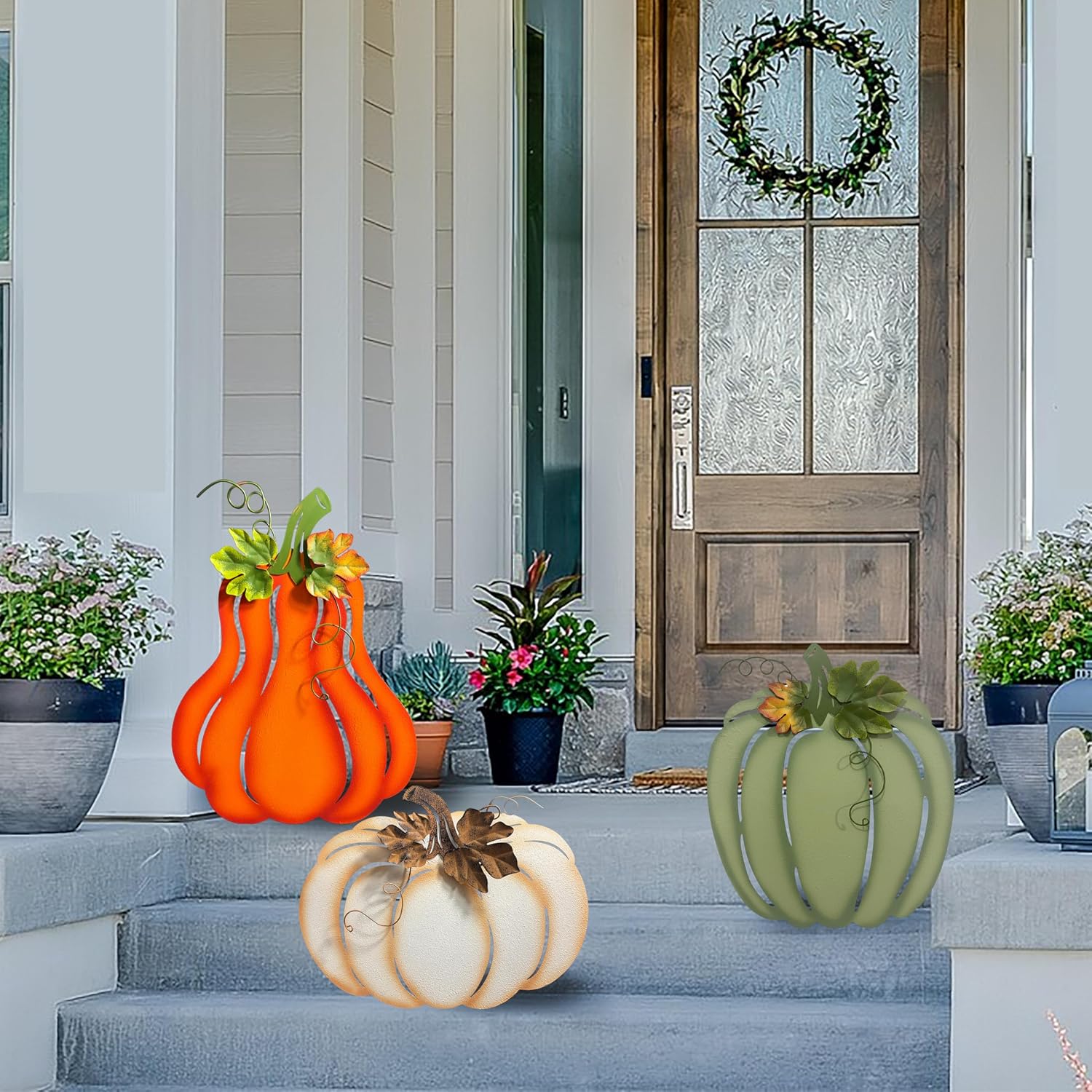 Fall Harvest Metal Pumpkin Garden Stakes, Set of 3, Orange White Green, Autumn Yard Decor