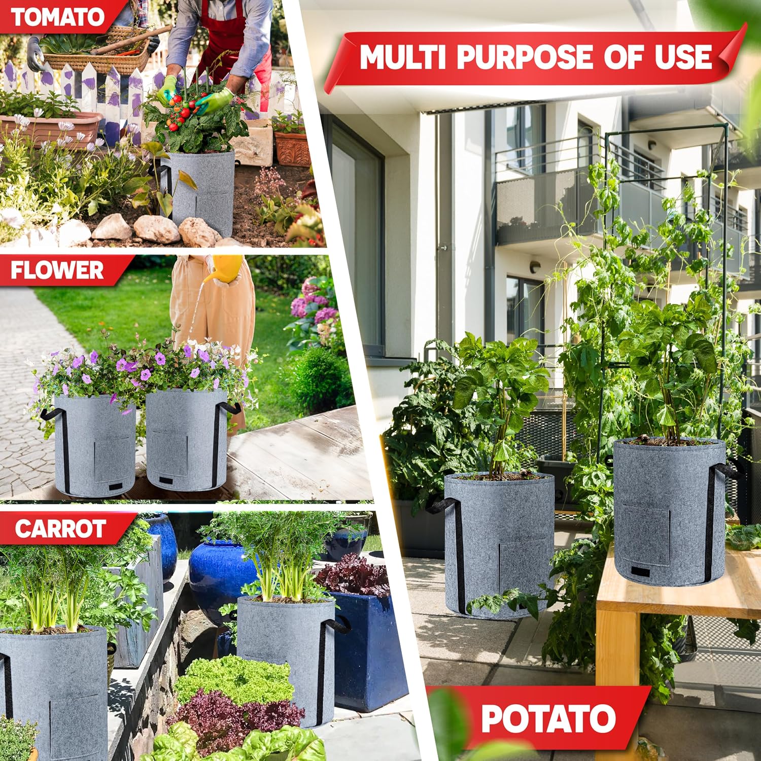 4PCS 15-Gallon Potato Grow Bag-Harvest & Visible Window Garden Planting Bag | Grey Plant Grow Bag with Reinforced