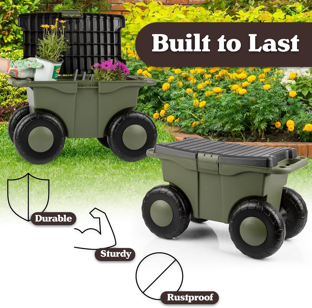 Pure Garden Rolling Garden Cart with Seat, Green | Plastic Garden Bench with Interior Tool Tray for Storage - Gardening