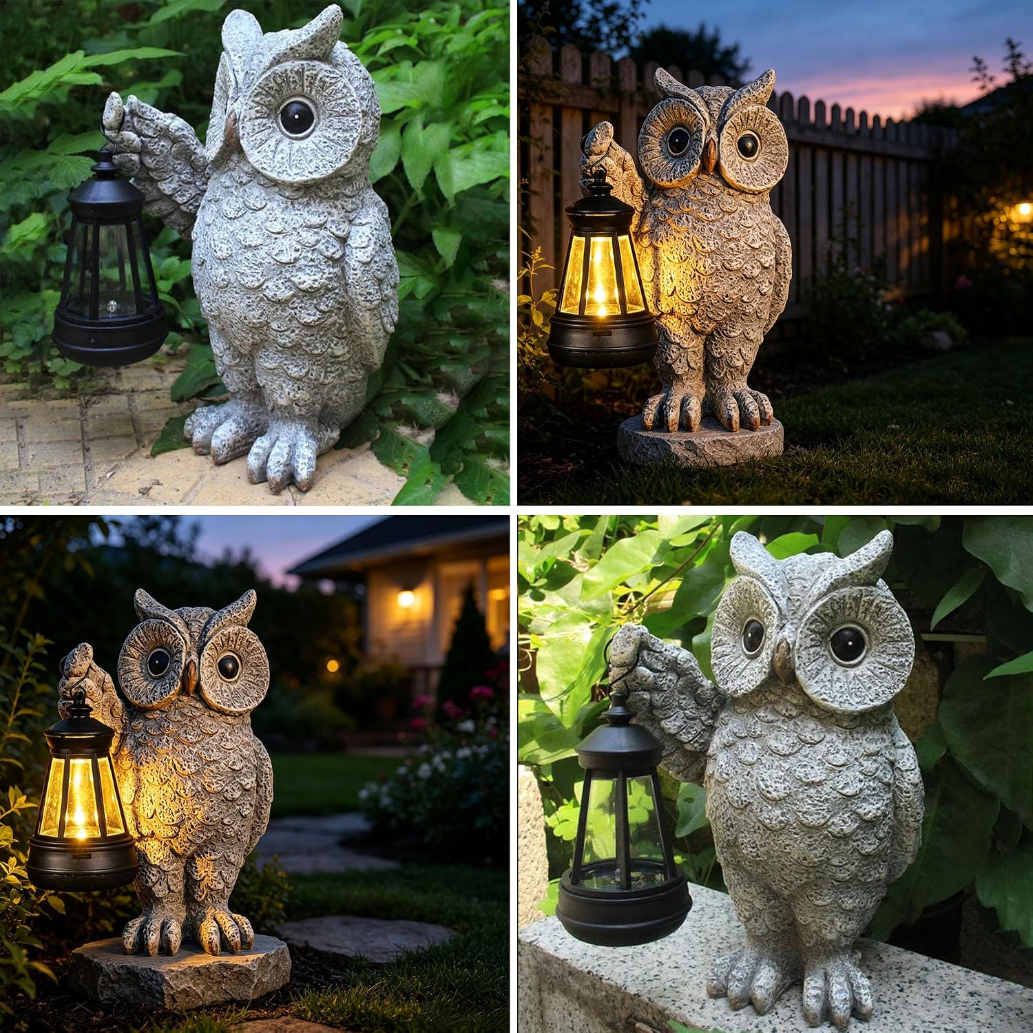 Solar Owl Garden Statue with LED Lantern, Waterproof Outdoor Resin Figurine (Grey Owl)