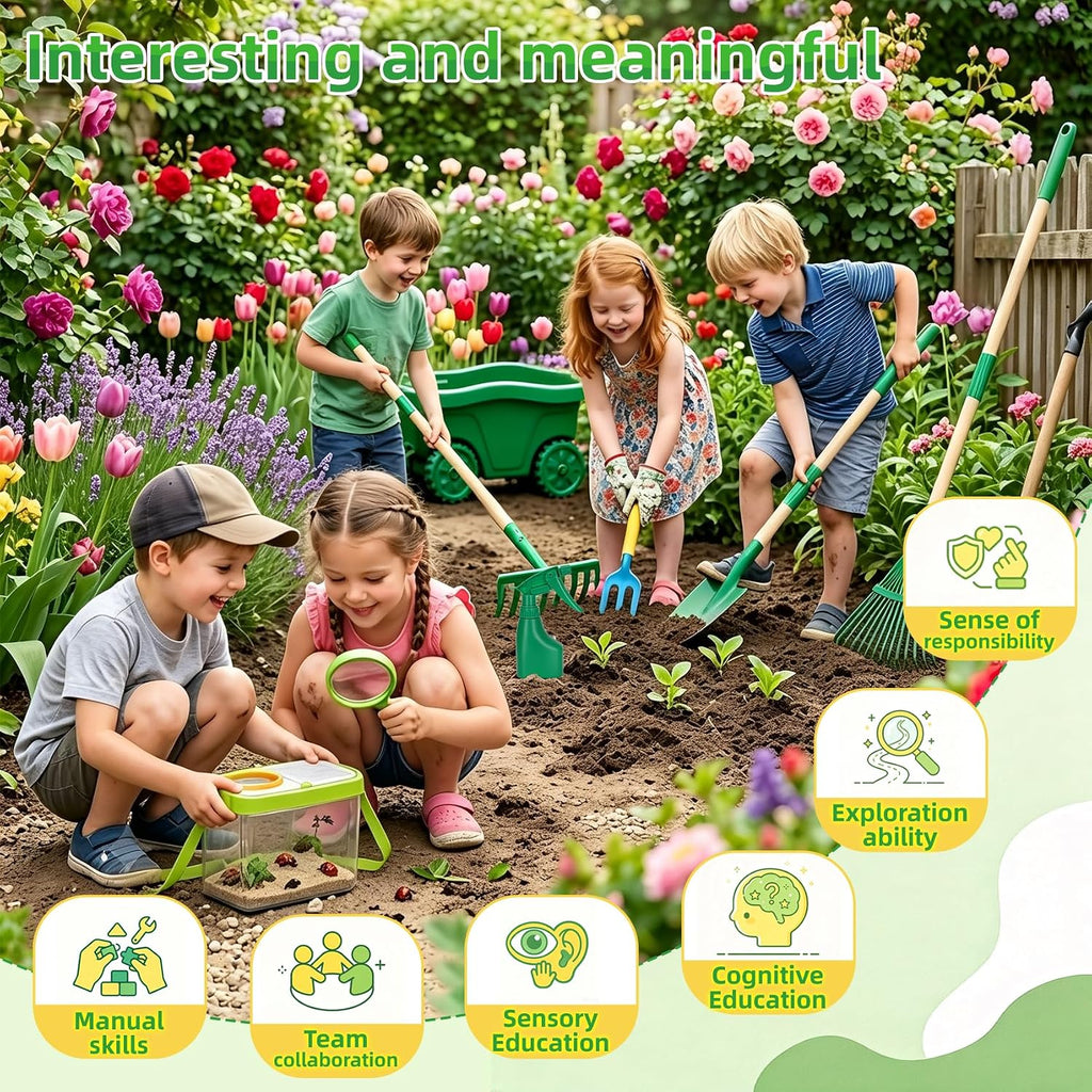 16Pcs Kids Gardening Tools,2-in-1 Kids Garening Wheelbarrow Toys | With Shovel,Rake,Hoe and Observation Box,STEM