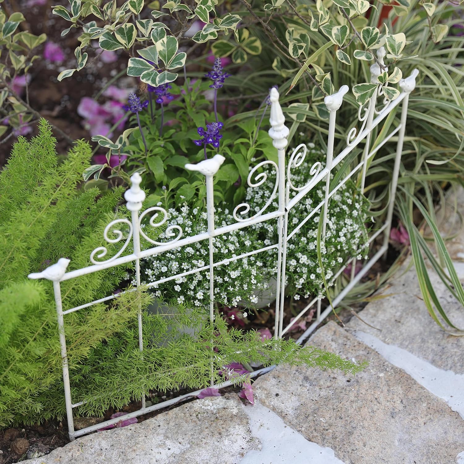 Vintage Distressed White Metal Garden Fence Panels, 25.6" W x 23.2" H Rustic Cast Iron Picket Fence, Outdoor Landscape