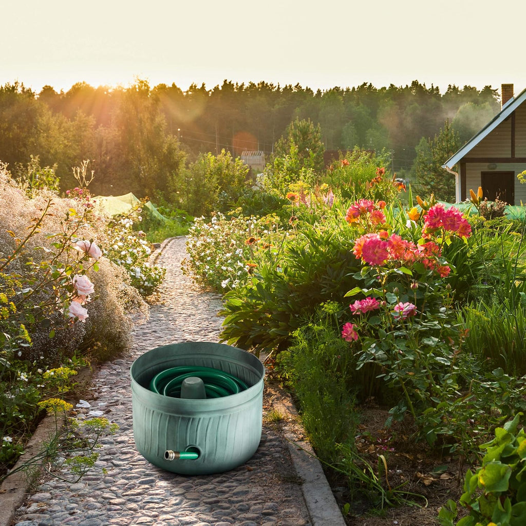 Garden Hose Holder Storage Pot with Lid 17 x 11.5" | Water Hose Container Pot Outdoor or Indoor Use | Expandable Water