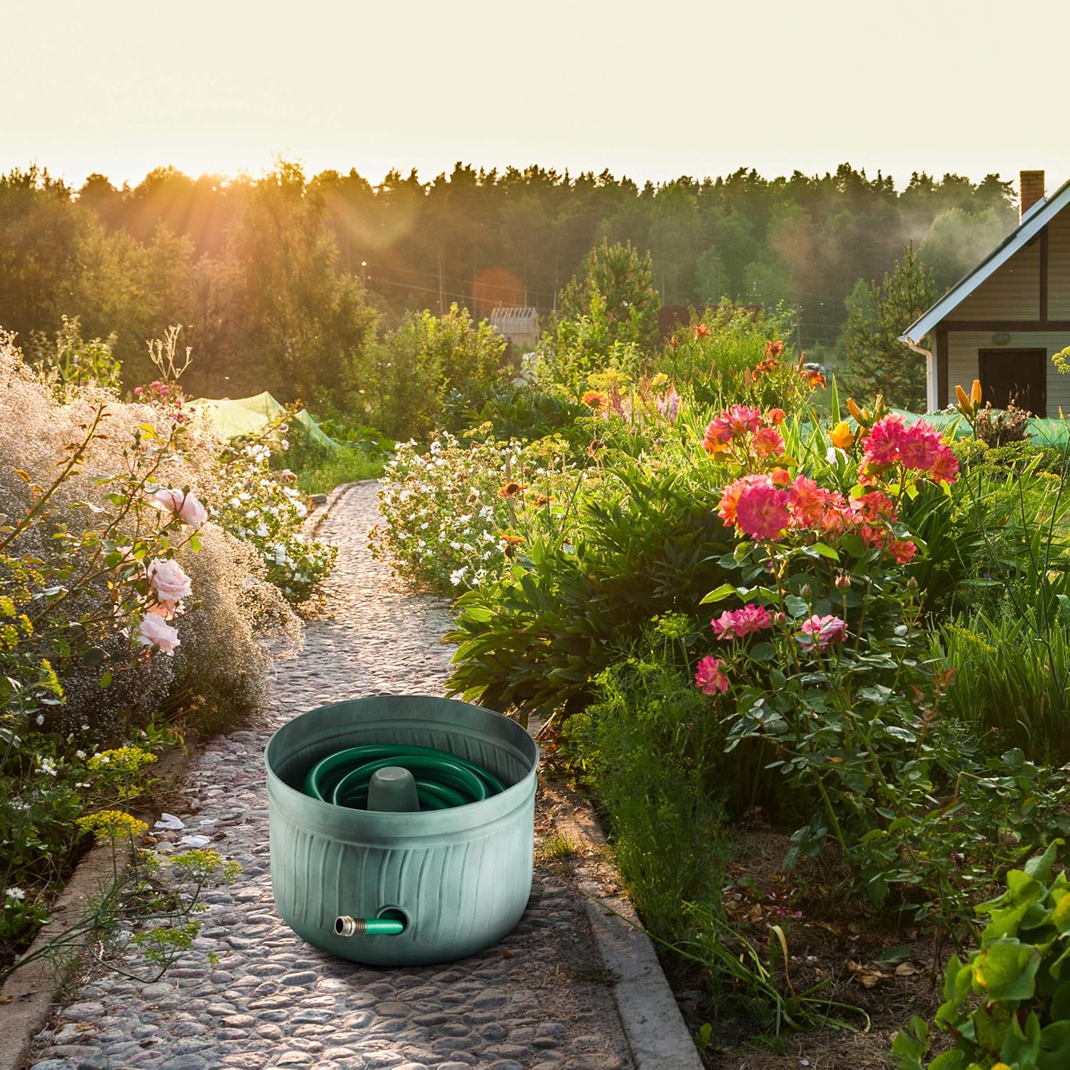 Garden Hose Holder Storage Pot with Lid 17 x 11.5" | Water Hose Container Pot Outdoor or Indoor Use | Expandable Water