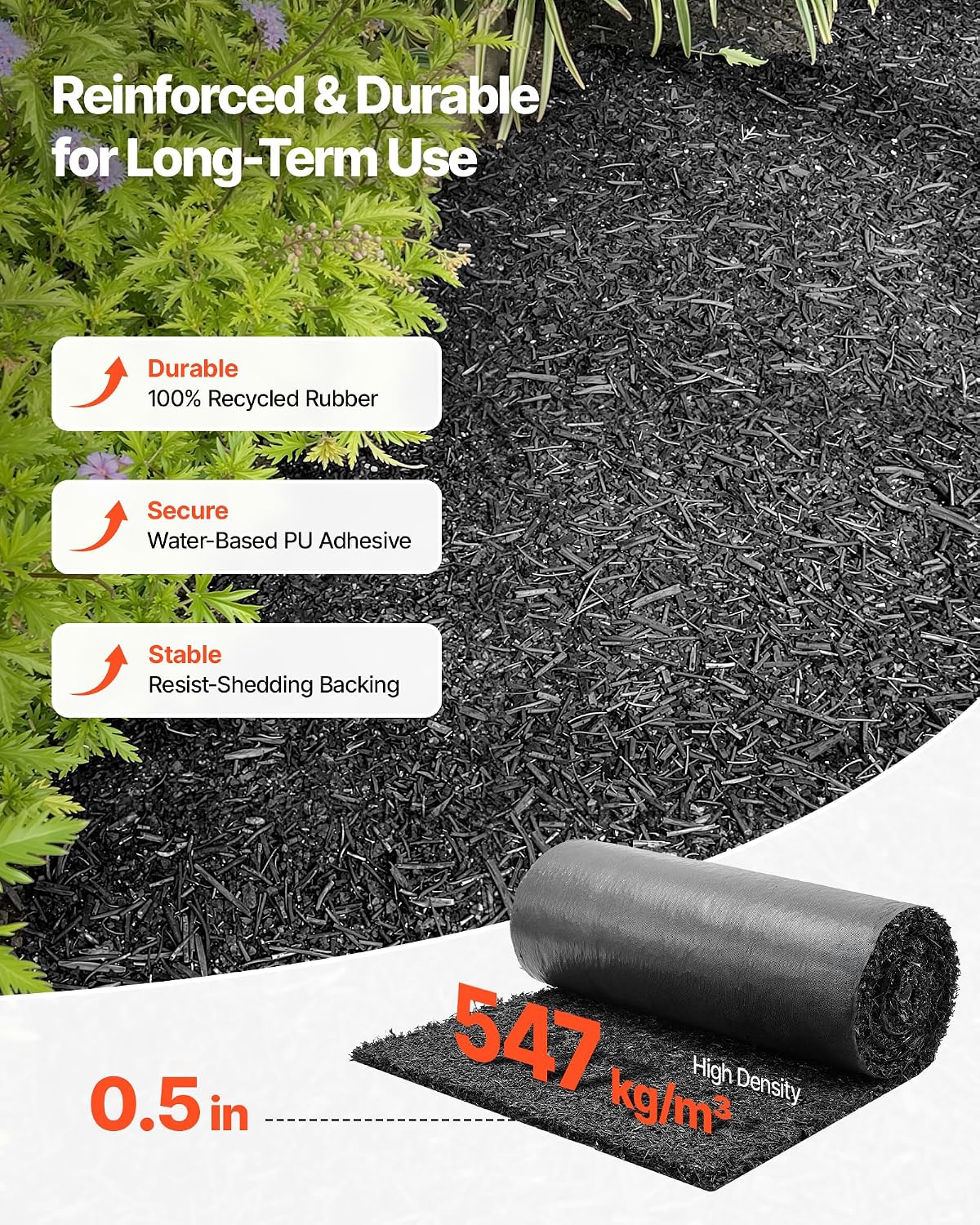 VEVOR Rubber Mulch Mat Roll, 96 x 22 in Recycled Rubber Mulch Mat, 0.5 Thick Cuttable, Reduced Weed Growth