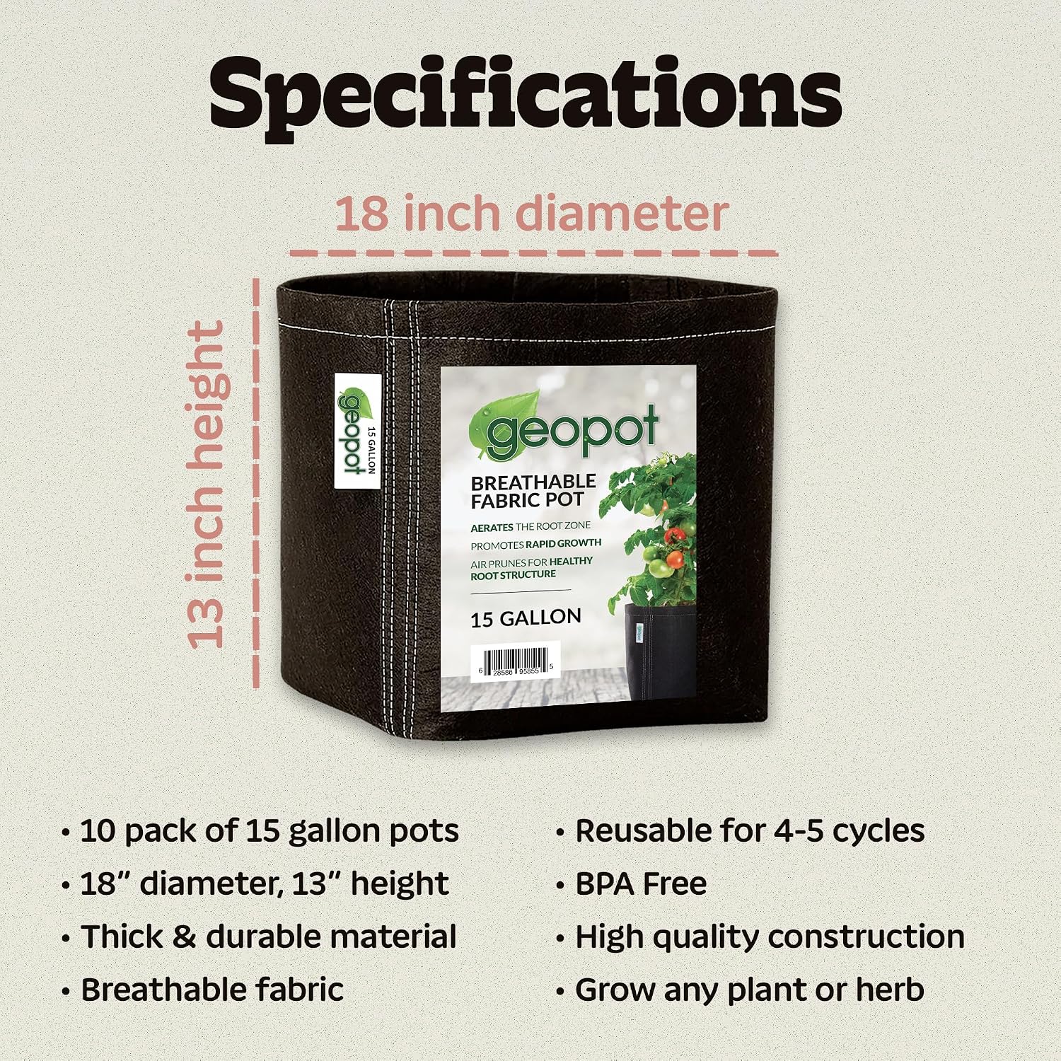 15 Gallon Fabric Grow Bags for Vegetables, Houseplants, Herbs & Flowers | 5-Pack | Aerated Fabric Pots for Outdoors and