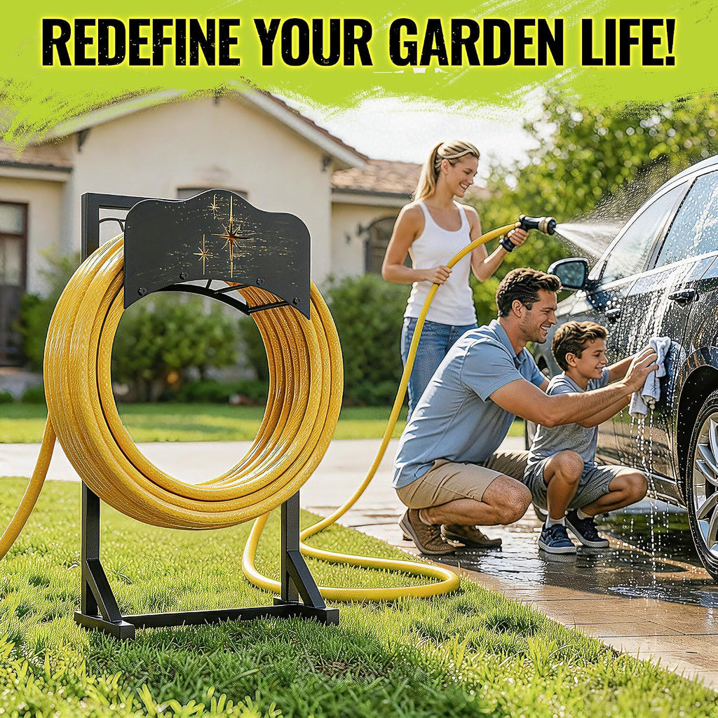 Garden Hose Holder & Water Hose Reel, Heavy Duty Freestanding Rack with 4 Spikes
