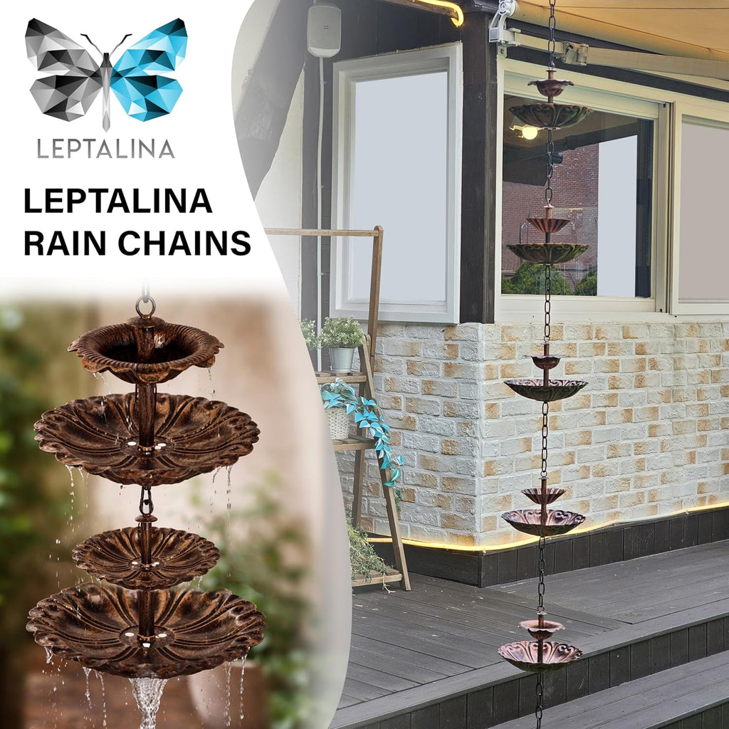 8.5FT Fountain Iron Rain Chain for Gutters and Rain Barrel+Adapter, Bronze | Rain Chains for Downspout, Rust-Prevent
