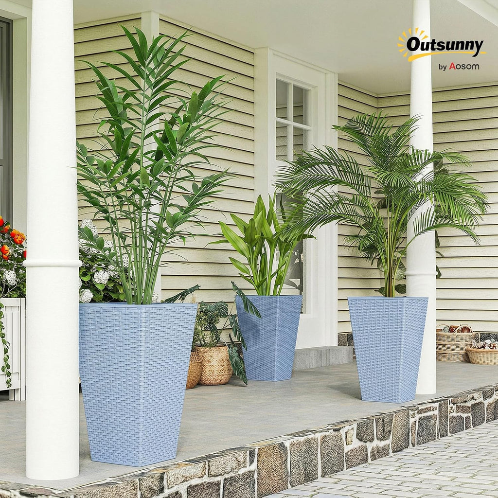 Outsunny 24 in Taper Tall Planters for Outdoor Plants Set of 3, Light Gray | with Drainage Holes, Rattan Decor Plant