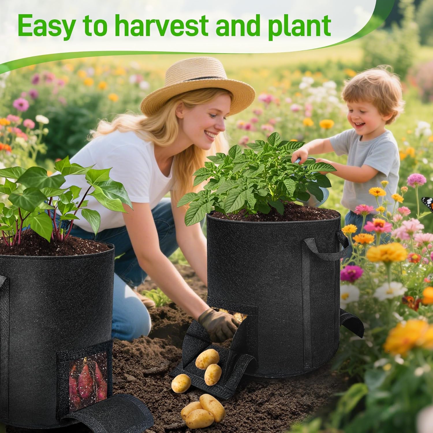 4 Pcs 15 Gallon Potato Grow Bags with Harvest & Visible Windows, Thickened Nonwoven Fabric Potato Planter,Potato