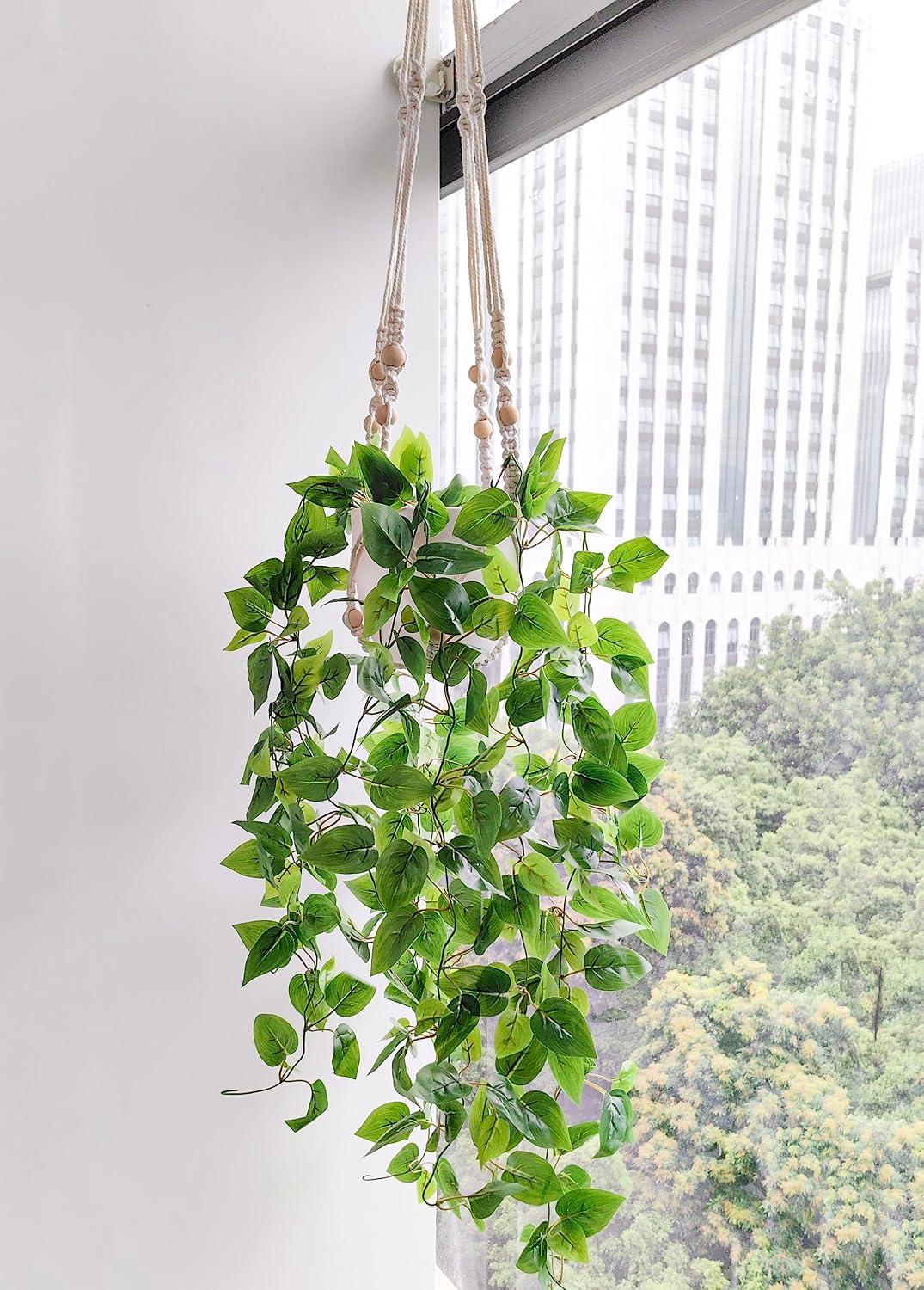 Comtelek 2 Packs Fake Hanging Plant with Pots for Home Decor Artificial Hanging Basket Plants Macrame Plant Hanger with