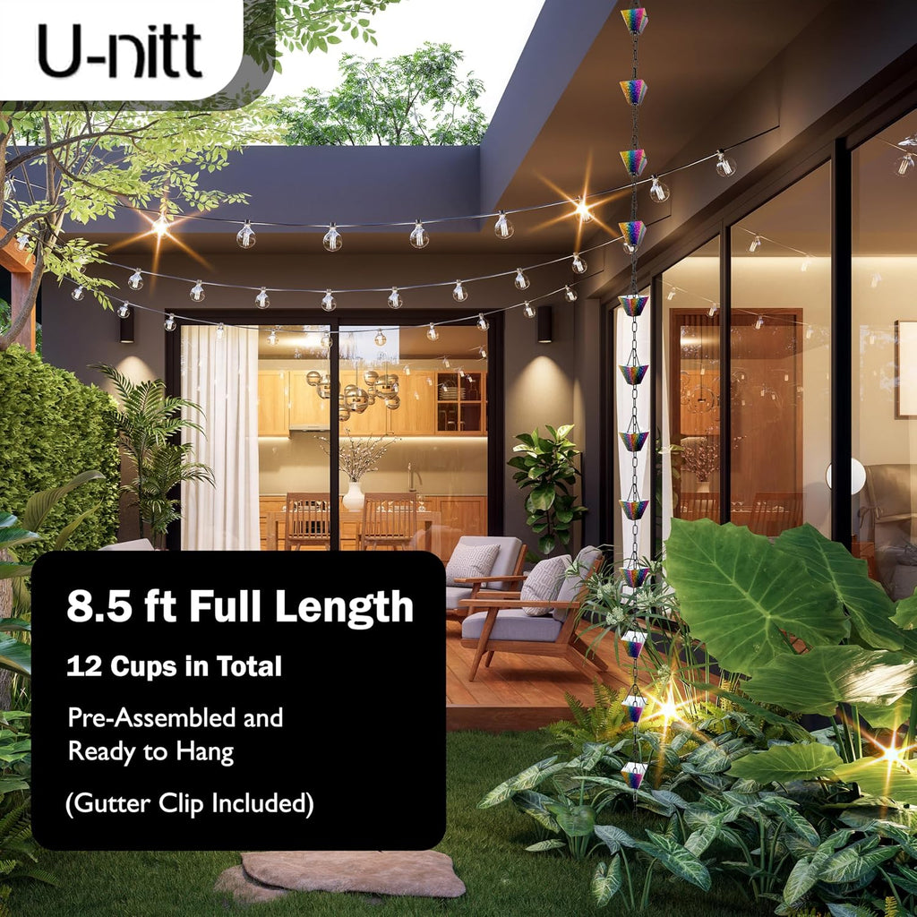 U-nitt Rain Chain Water Collection for Gutters Rainwater Catcher & Diverter, 8.5 FT Chains for Outside Garden, Rainbow