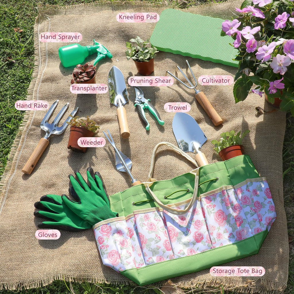 Garden Tools Set, 10-Piece Heavy Duty Garden Hand Tools Kit with Wooden Handle, Durable Organizer Bag for Garden