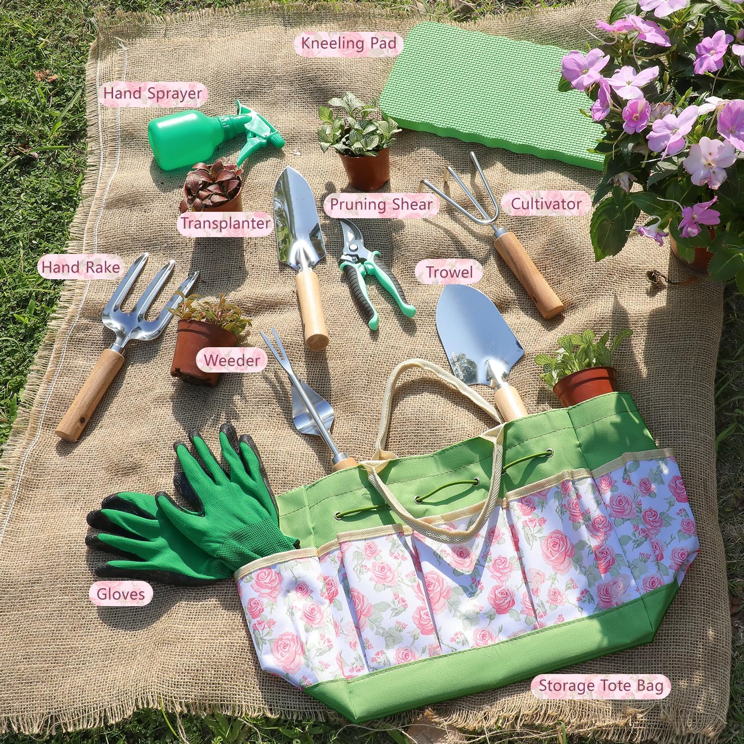 Garden Tools Set, 10-Piece Heavy Duty Garden Hand Tools Kit with Wooden Handle, Durable Organizer Bag for Garden