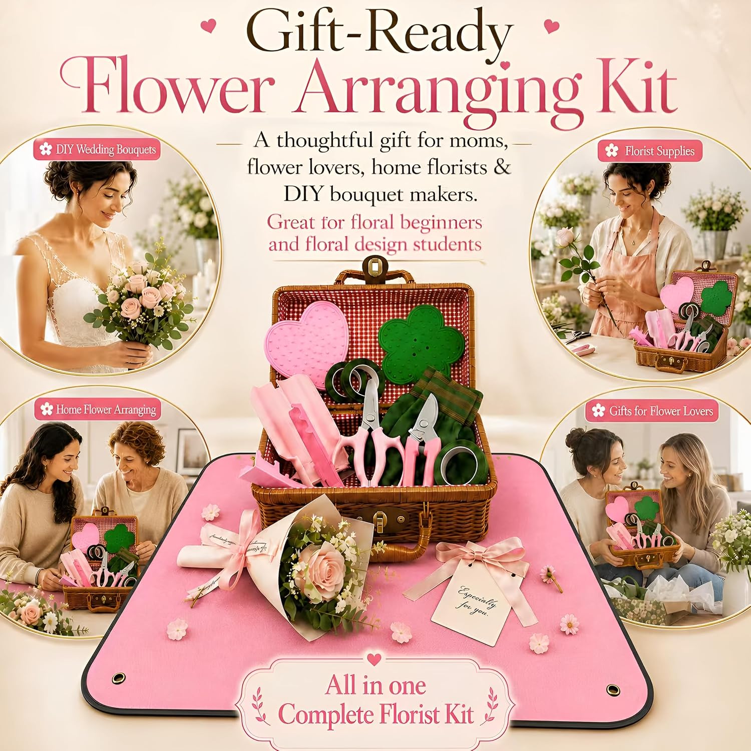 Florist Supplies Kit with Repotting Mat&Wicker Basket, Floral Tools | 13-Piece Floral Arrangement Kit with Repotting