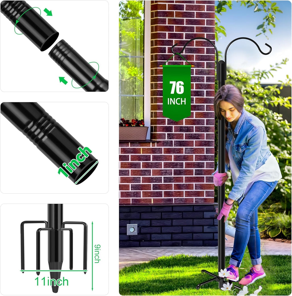 Double Shepherds Hooks for Outdoor, 2-Pack Heavy Duty Garden Pole for Hanging Bird Feeder, Plant Baskets, Solar Light