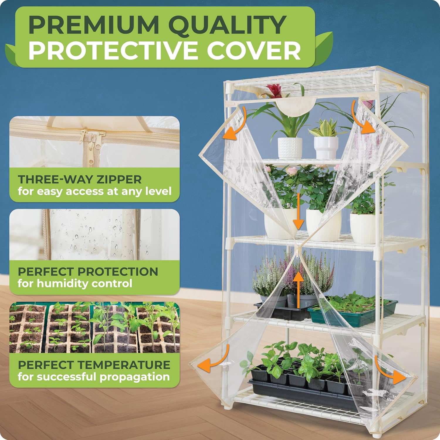 Indoor Greenhouse with Grow Light - 4 Tiers 27.2"L x 19.3"W x 54"H with 2 Heat Mats and 4 Dimmable 15W Full Spectrum