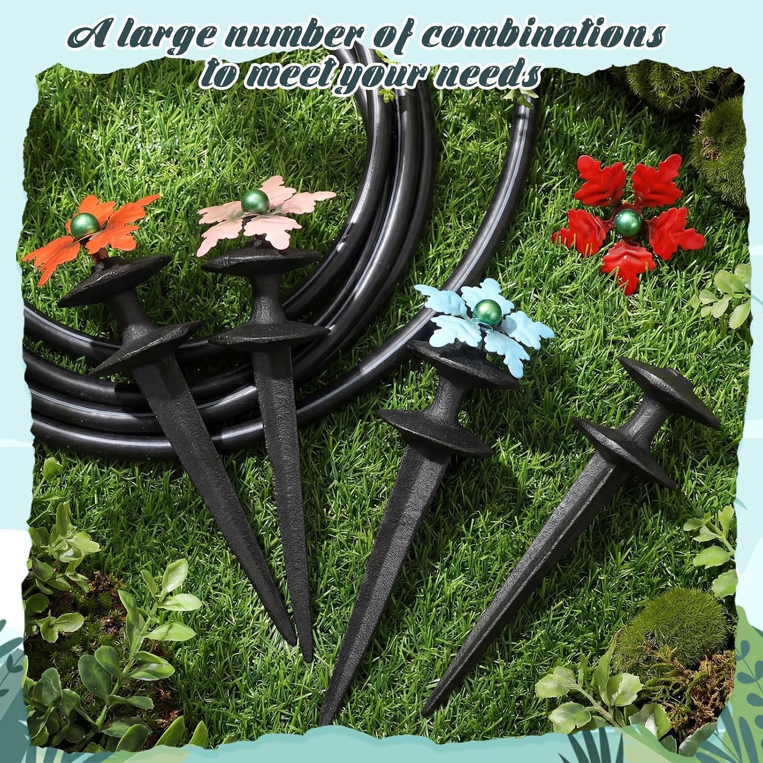 Zonon 4 Packs Hose Guide Spike Decorative Flower Cast Iron 11-inch Metal Heavy Duty Garden Hose Guide Stakes Heavy Duty