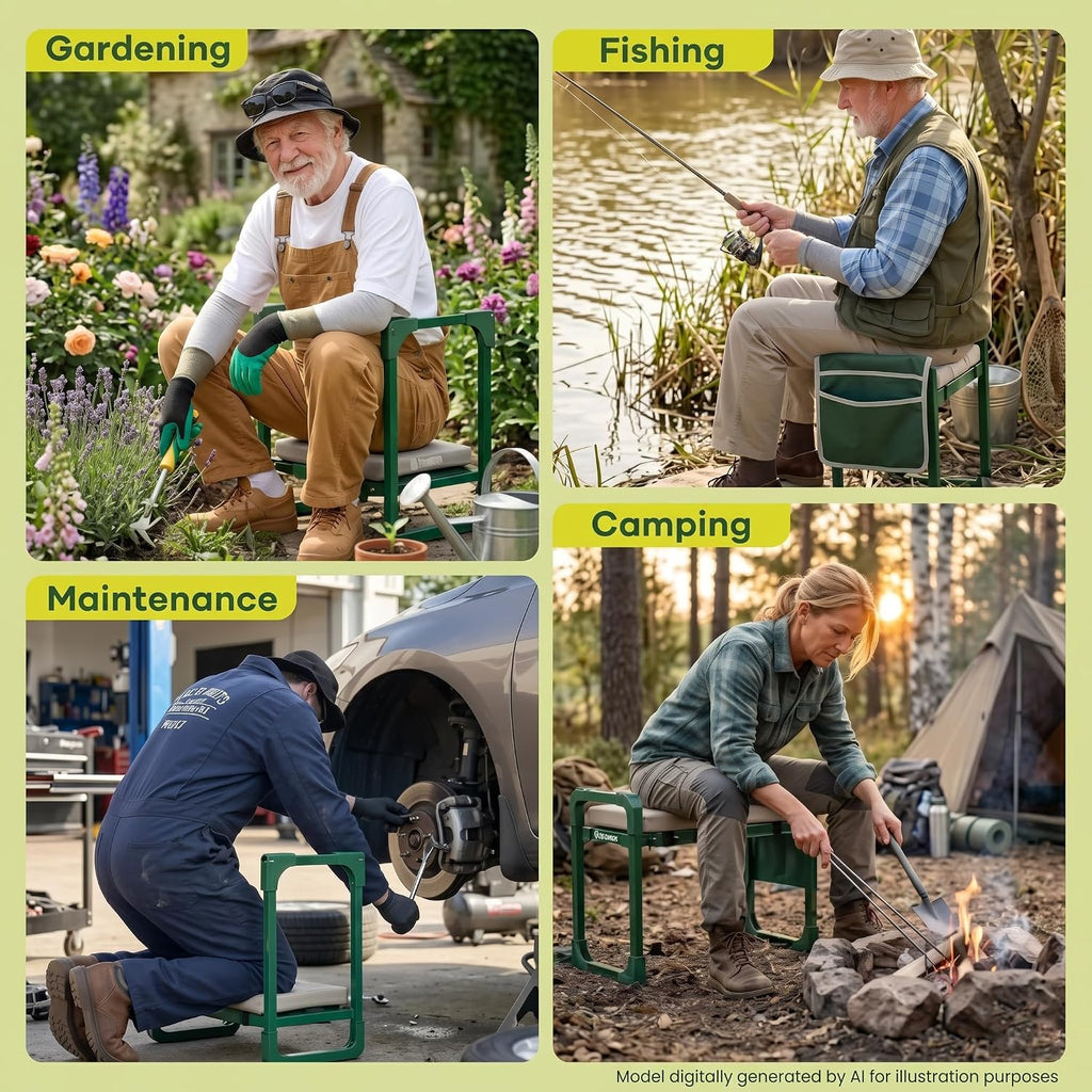 Saker Garden Kneeler and Seat Foldable Gardening Stool with Extendable Legs | Thickened Pad, Tool, Heavy Duty 400lbs