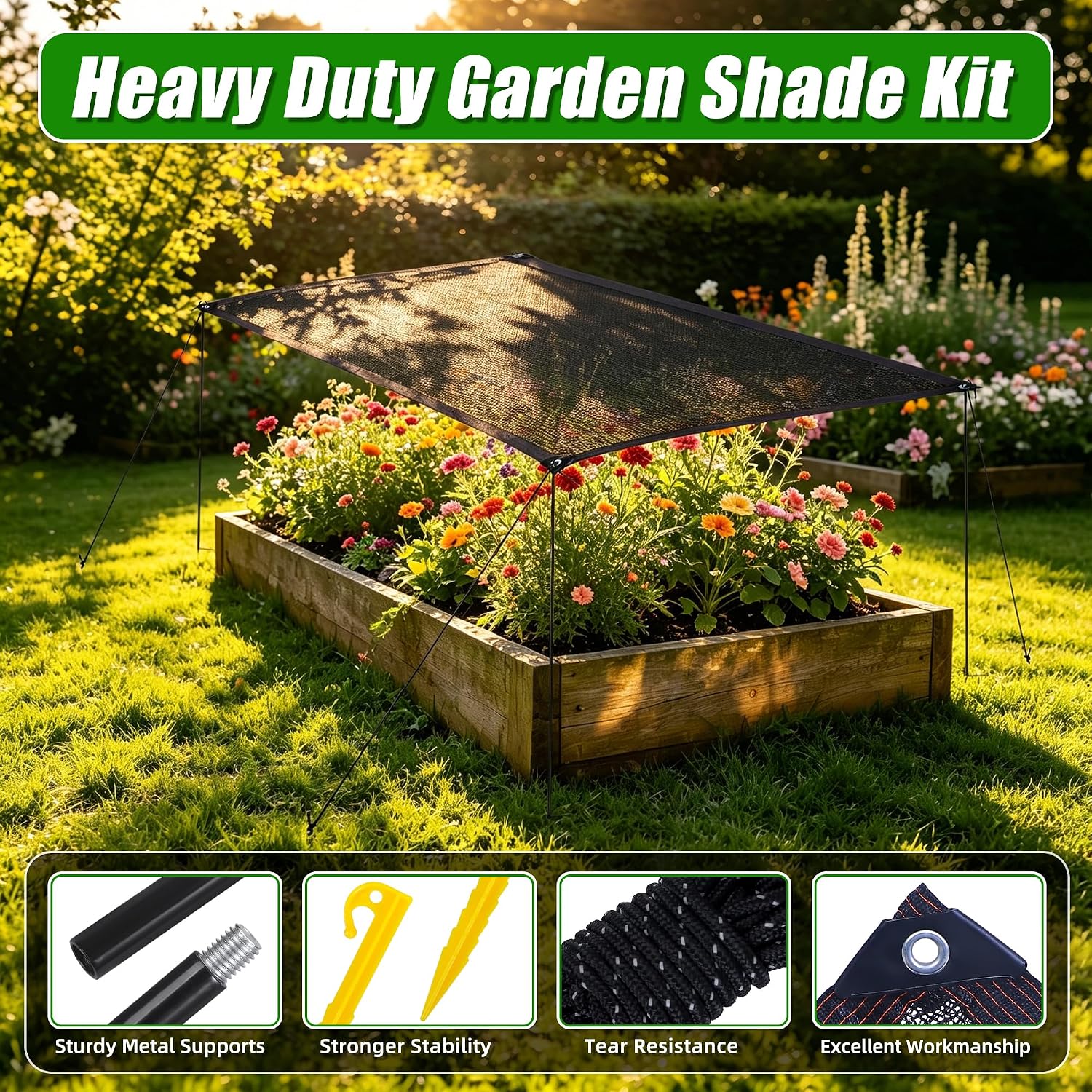 Garden Shade Cloth Kit for Plants, 80% Plant Shade Canopy with Metal Poles | 6.5 x 3.3 FT Sun Shade Cover for Raised